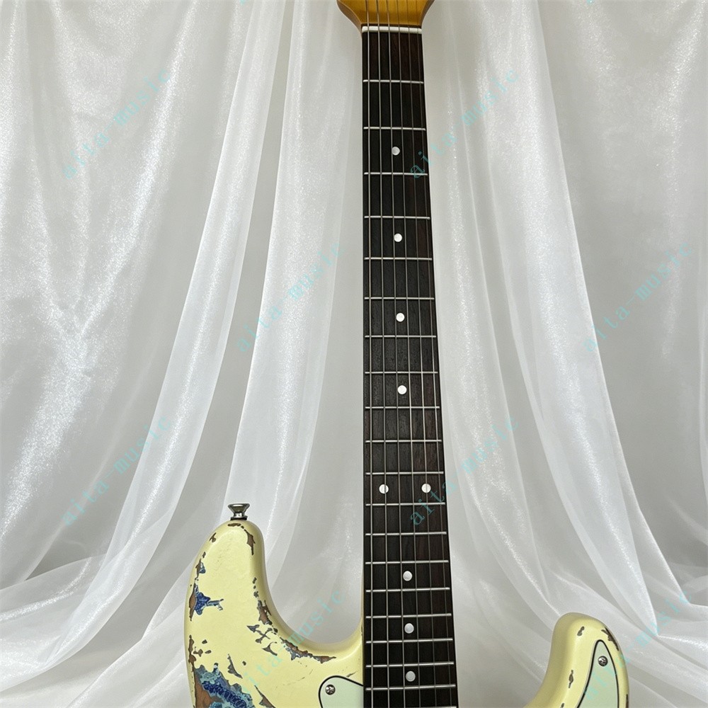 Solid Electric Guitar Stainless Rounded Fret Cream over Blue Paisley Fast Ship