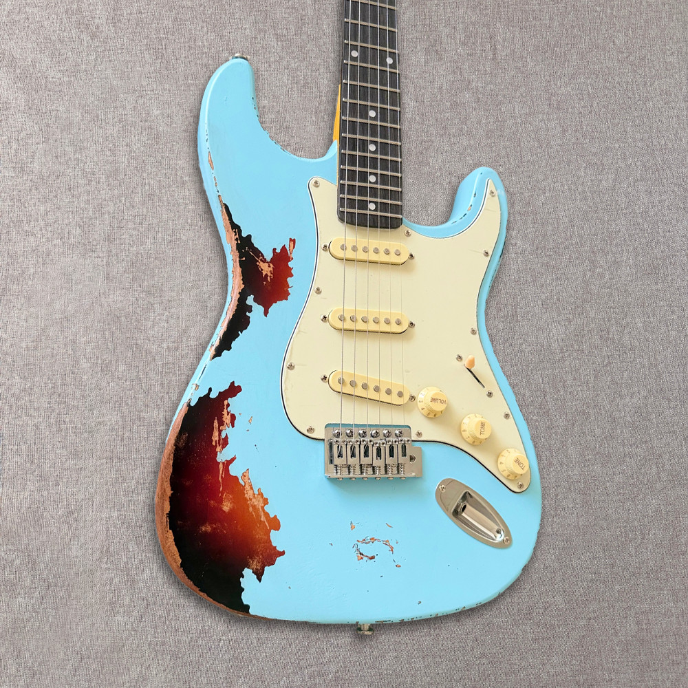 Relic ST Electric Guitar 3 Single Coil Pickups Daphne Blue Over Sunburst Vintage