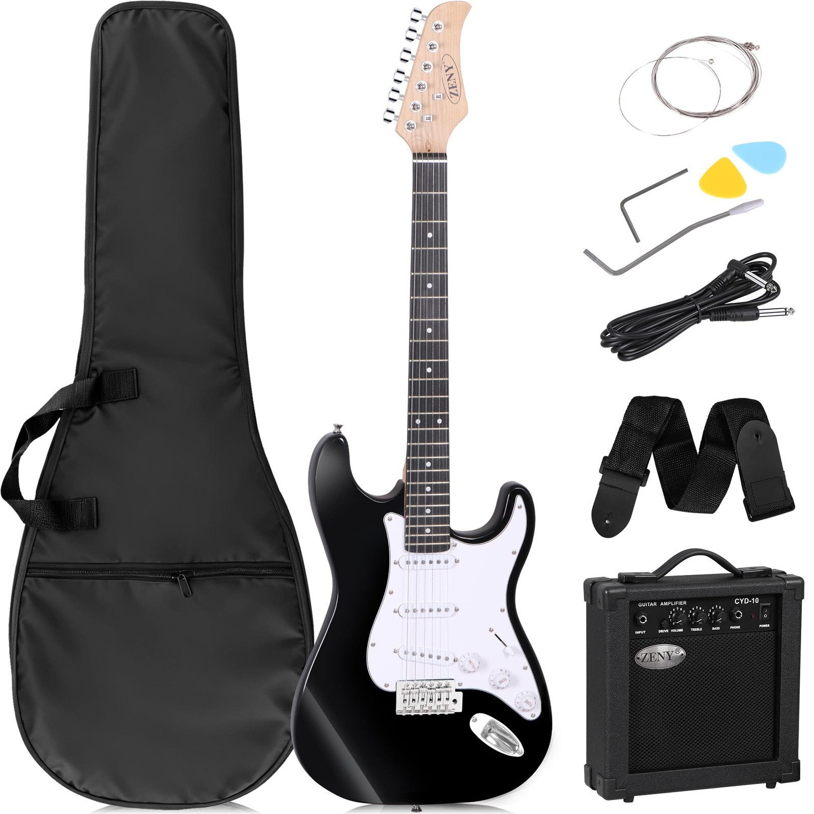 ZENY 39in Full Size Electric Guitar with 10W Amp, Case and 39″, Black