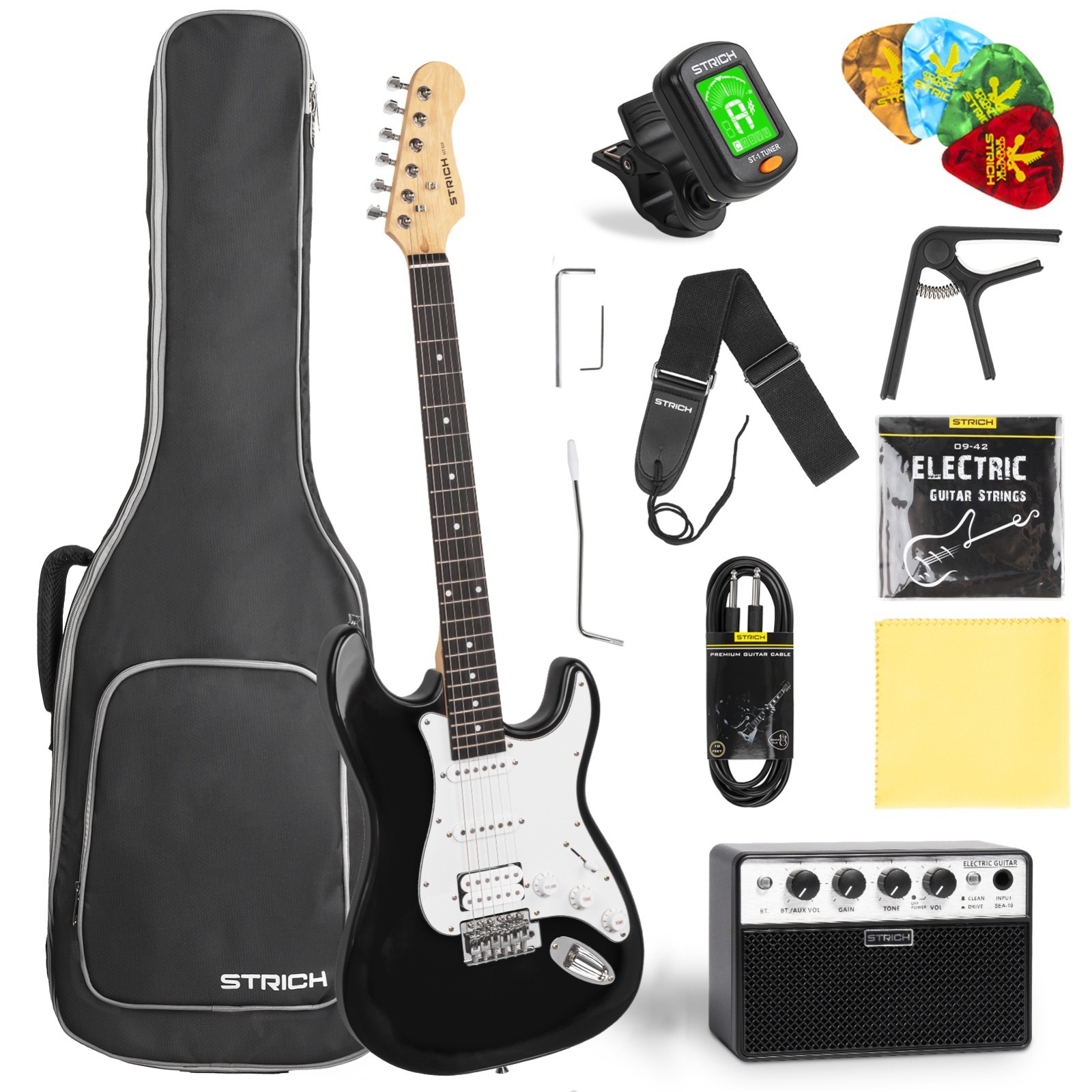 STRICH Electric Guitar Beginner Kit 39″ Full Size Electric Guitar SST-S20 Black