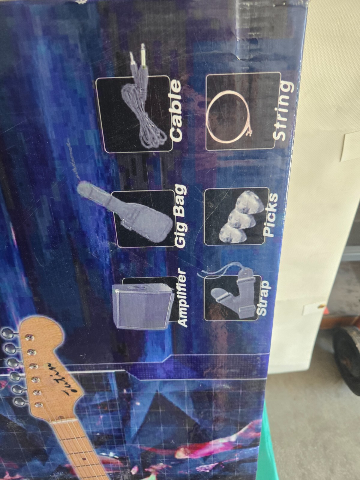 electric guitar, Justin, strap, amplifier, case, strings, picks, new in box