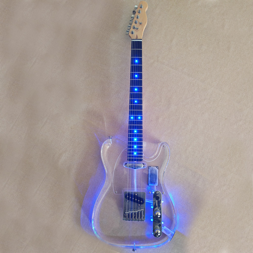 Transparent Acrylic TELE Electric Guitar Blue LED Light 6String Solid Maple ne
