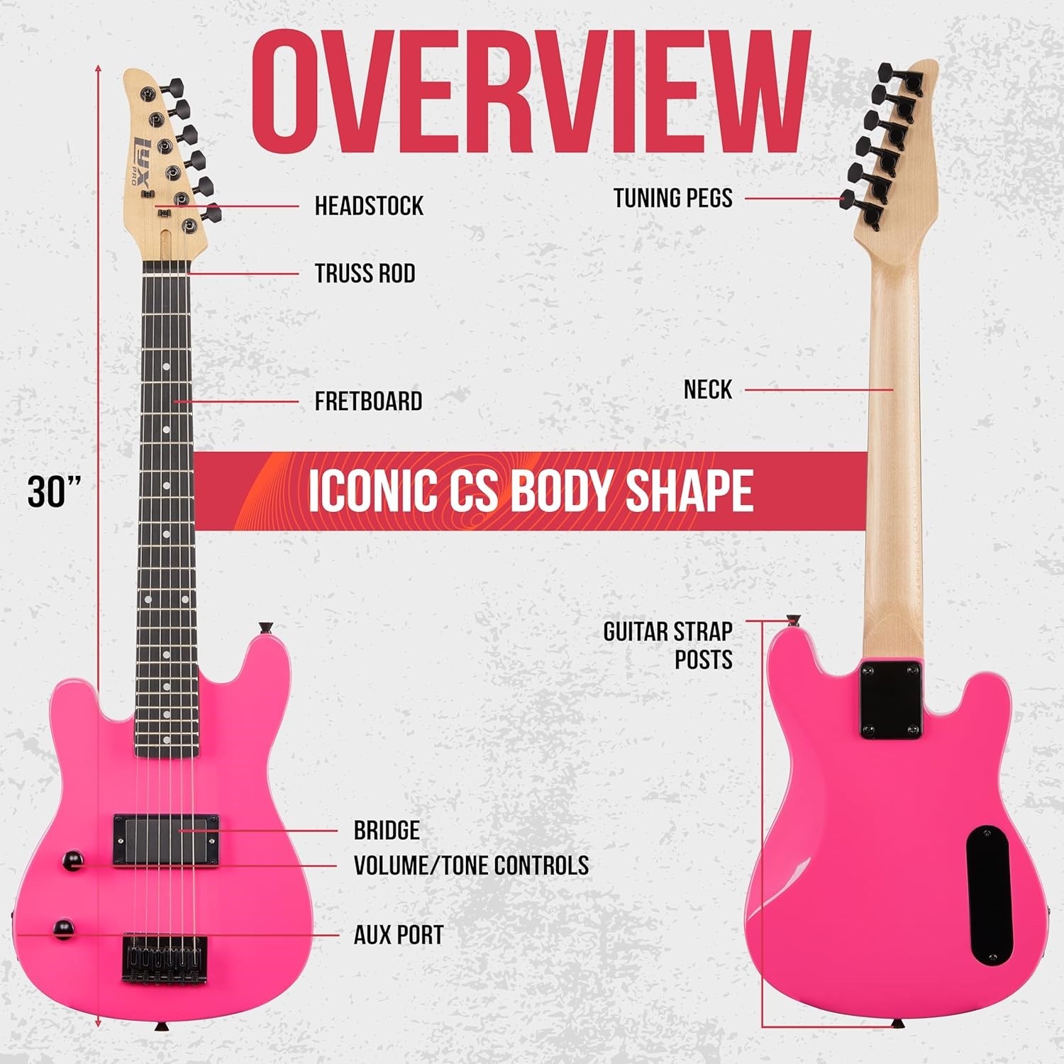 LyxPro CS 30in Left Hand Electric Guitar Kit Amp Cable 6 Picks Guide Pink