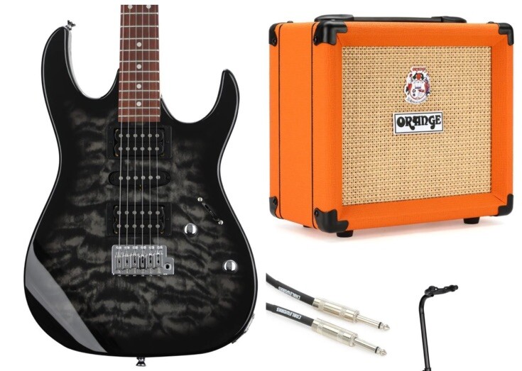Ibanez Gio GRX70QA Electric Guitar and Orange Crush 12 Amp Essentials Bundle –