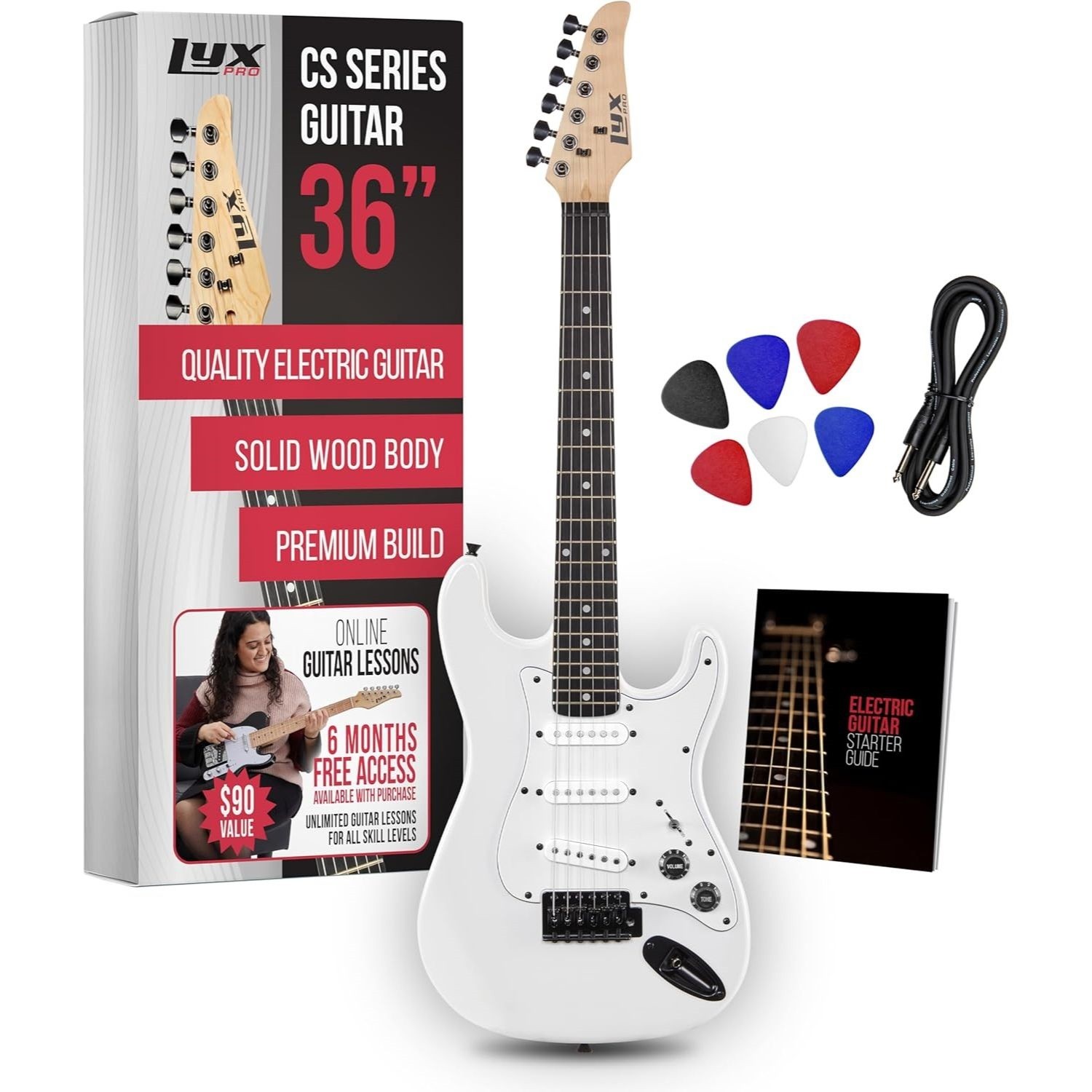 LyxPro CS 36in Electric Guitar Kit Amp Cable 6 Picks Guide Beginner White