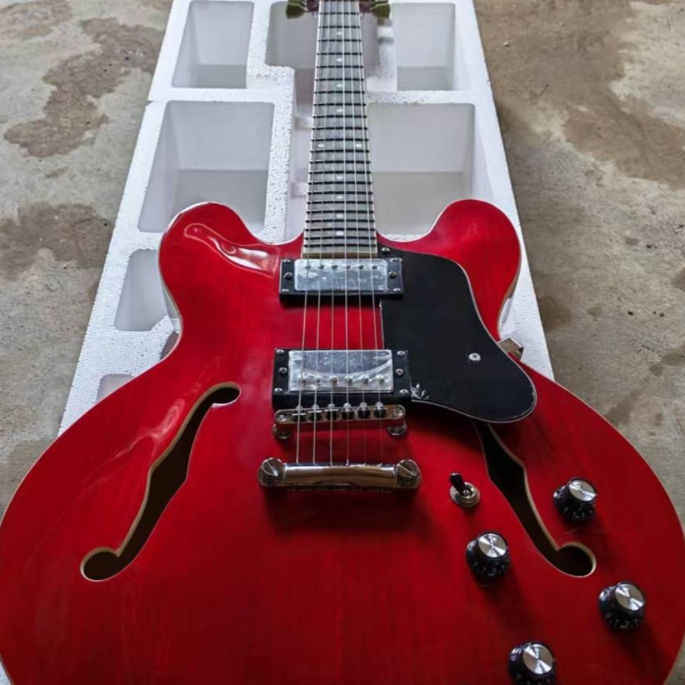 Custom Dot 335 Semi-hollow Cherry Red Electric Guitar HH Pickups 6string Ship US