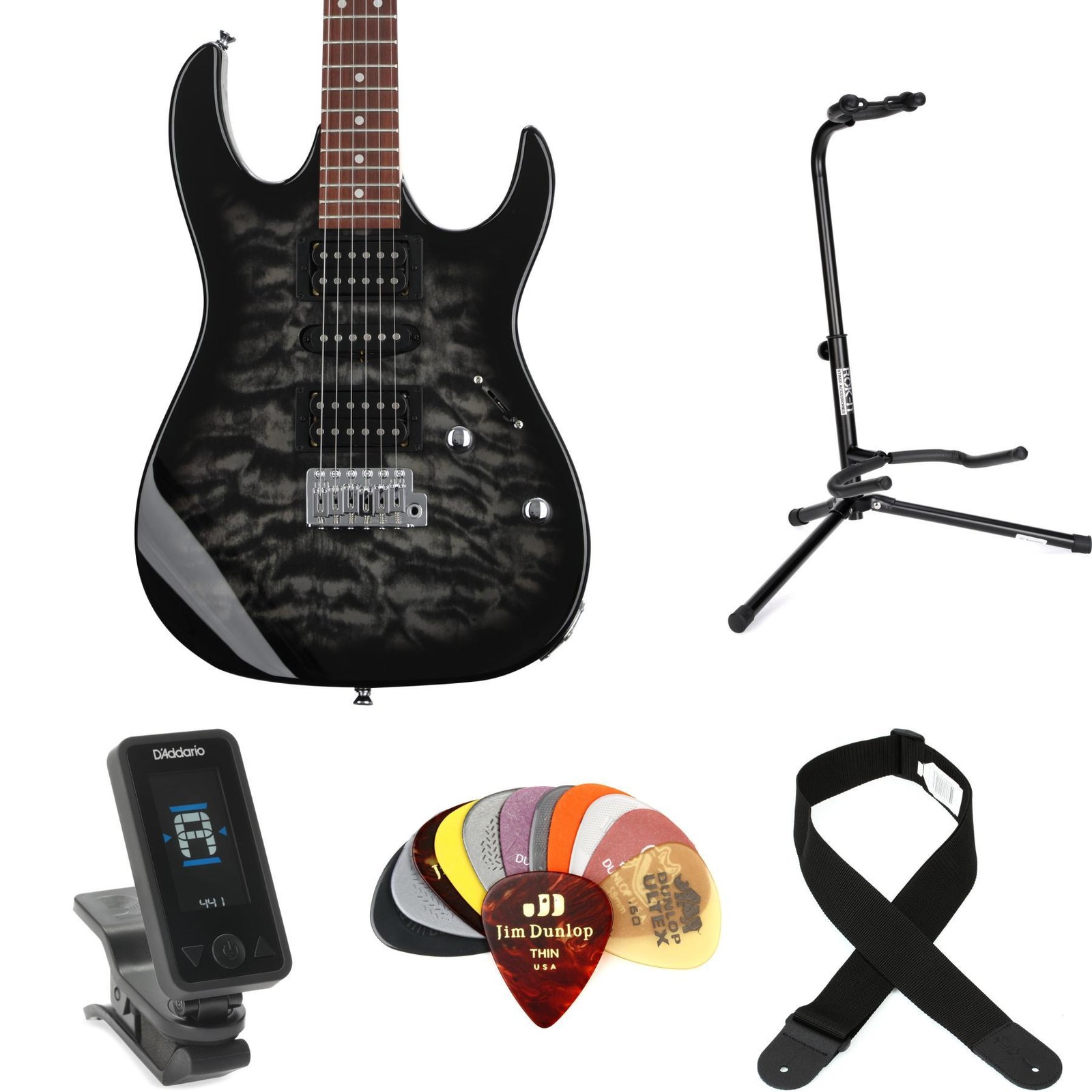 Ibanez Gio GRX70QA Electric Guitar Essentials Bundle – Transparent Black