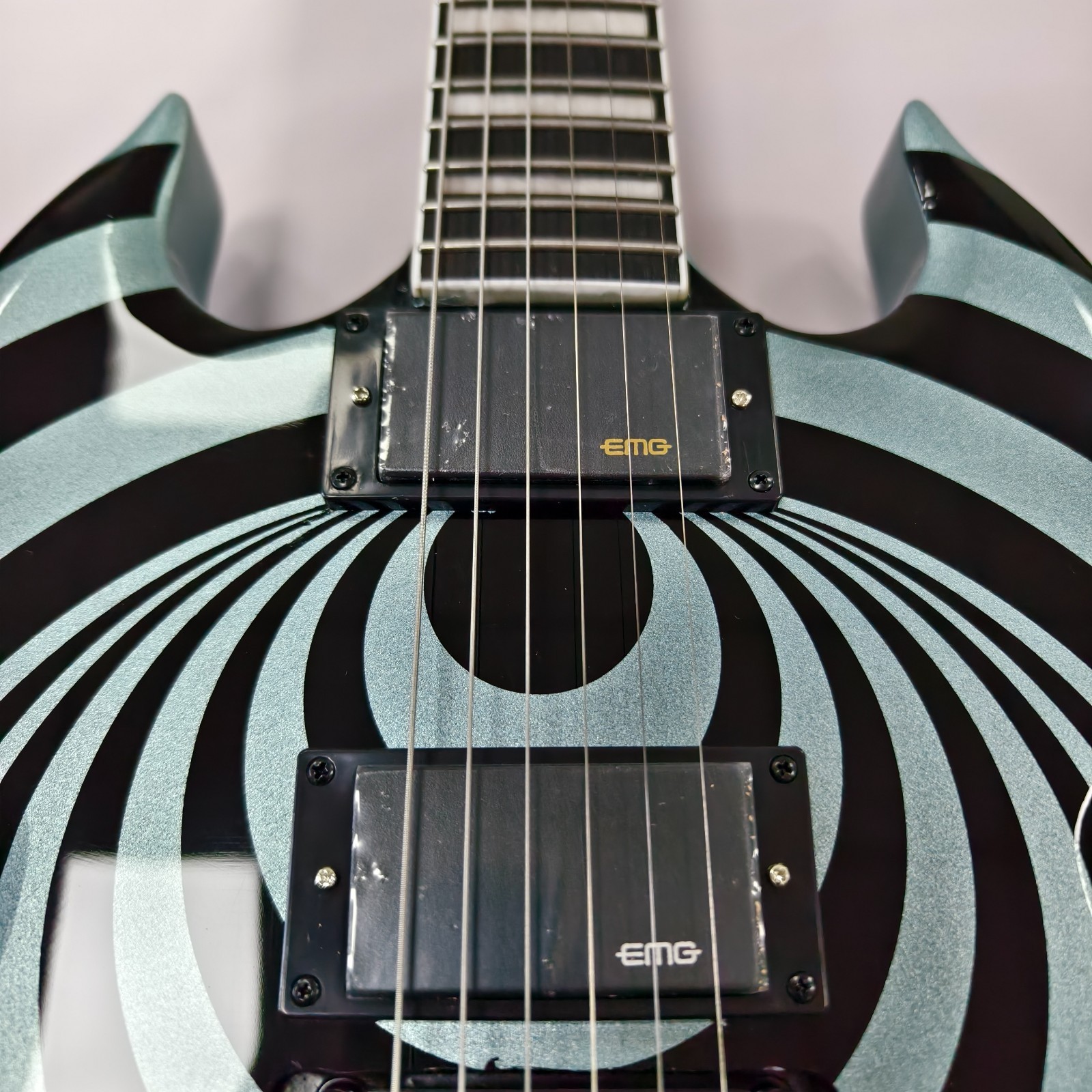 Zakk Wylde Style V Shape Electric Guitar Black Silver Vertigo Swirl HH Pickups