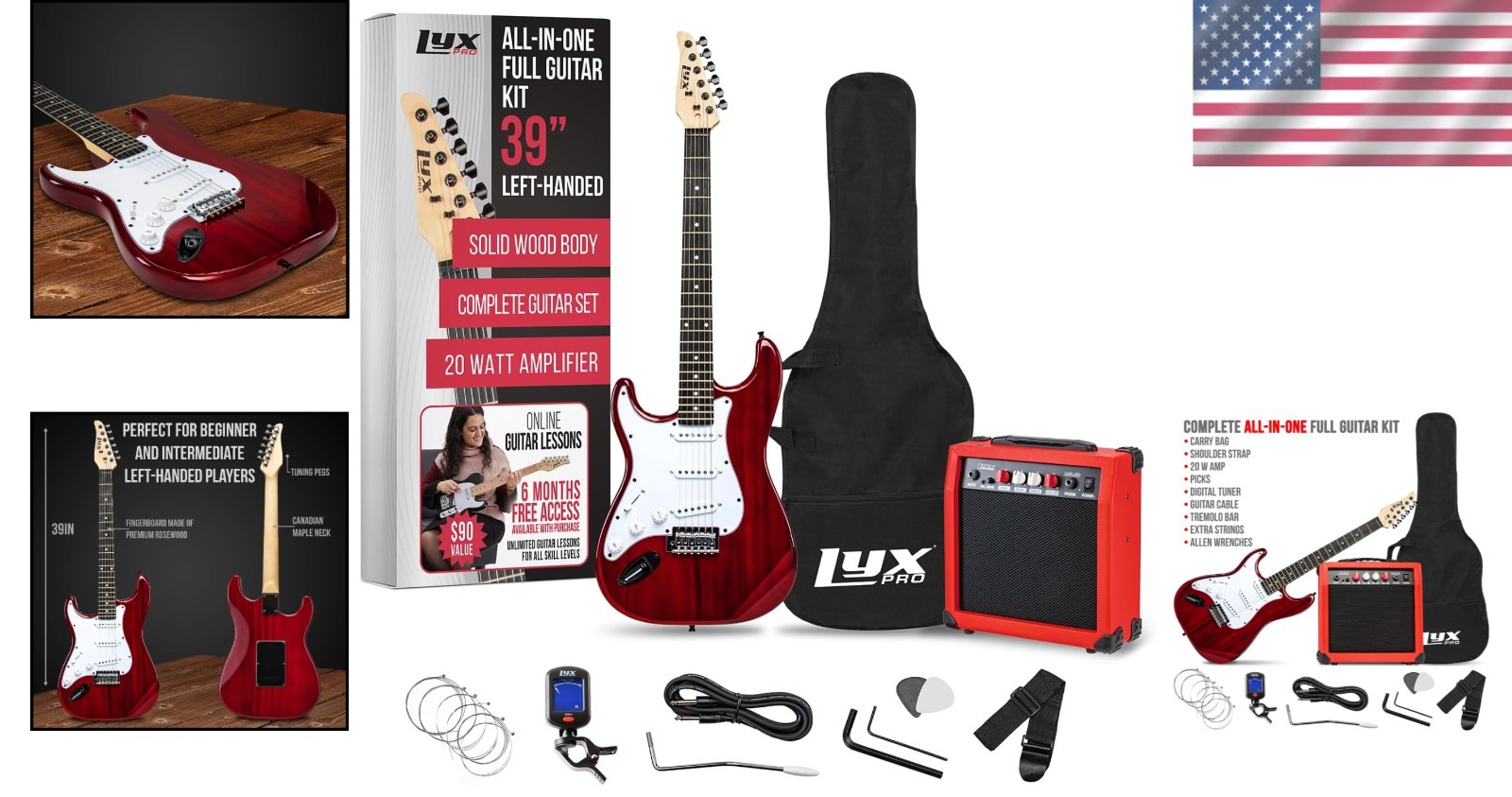 Full Size Left Handed Electric Guitar 39 Inch Maple Wood with Accessories Red