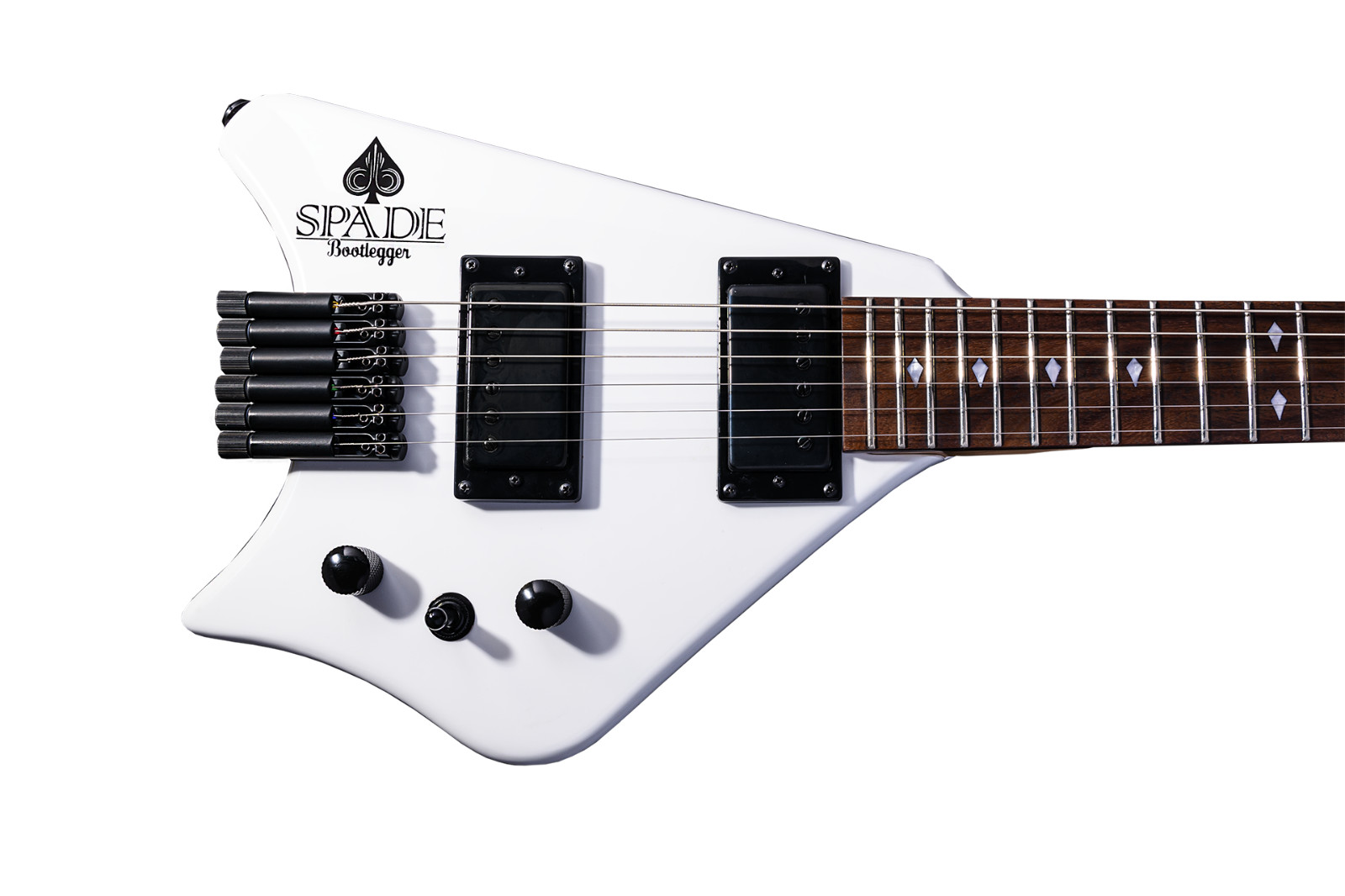 Bootlegger Guitar Spade Headless Gibson Short Scale 24.75″ White with Hard Case