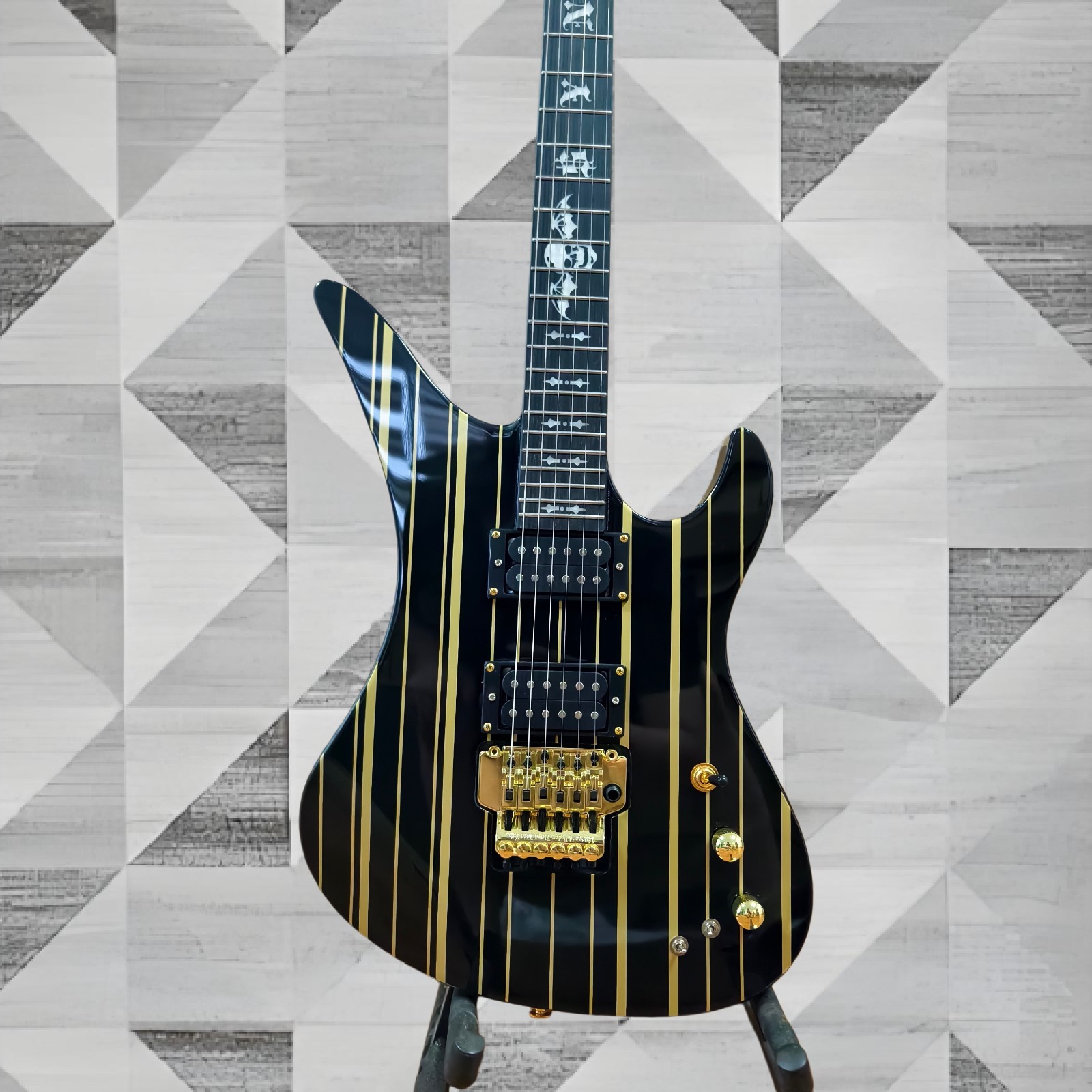 Schecter Synyster Gates Custom-S Electric Guitar – Black with Gold Pinstripes