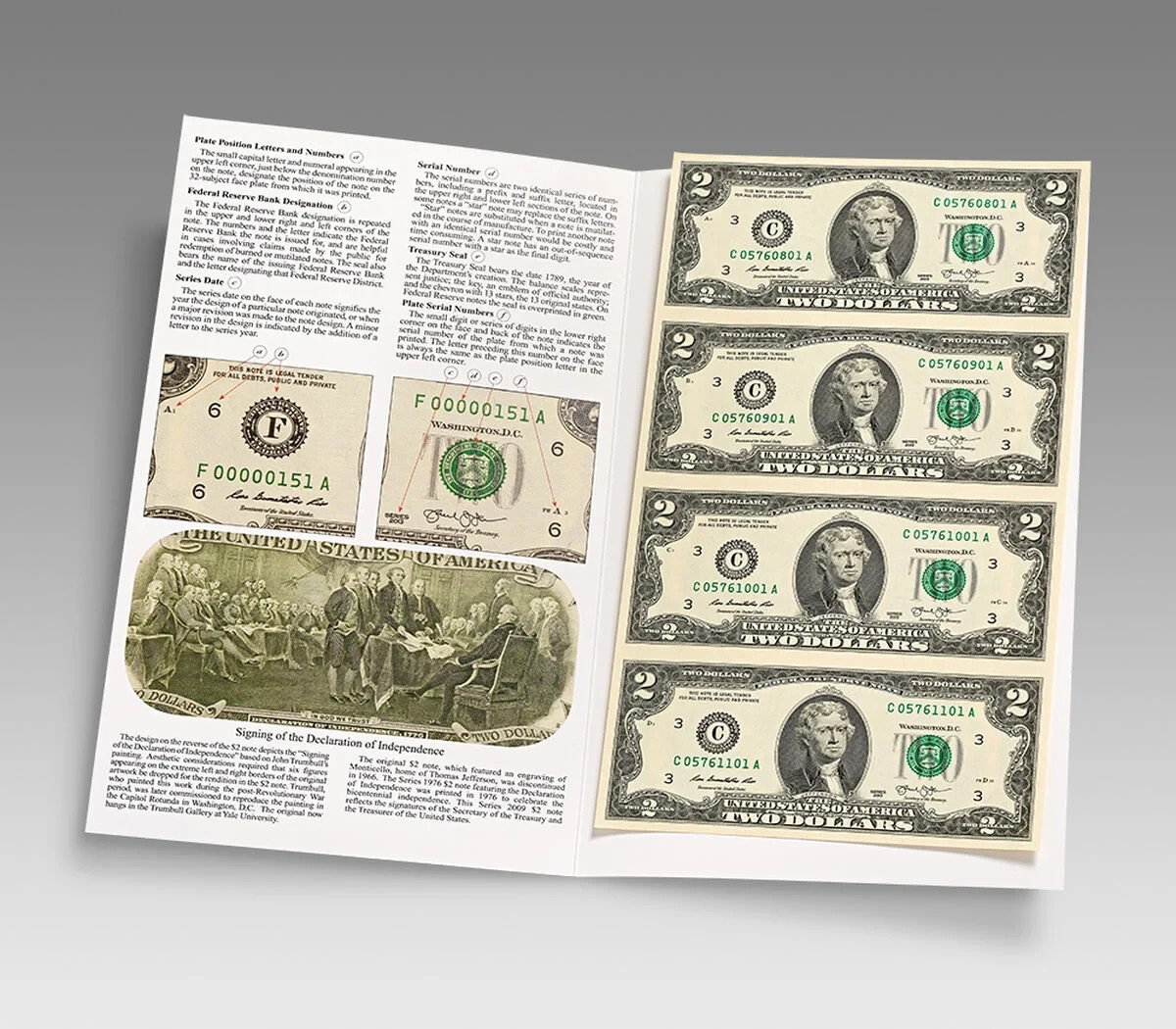 Sheet of 4 uncut $2 Dollar Bills brand new includes the protective cover #955.