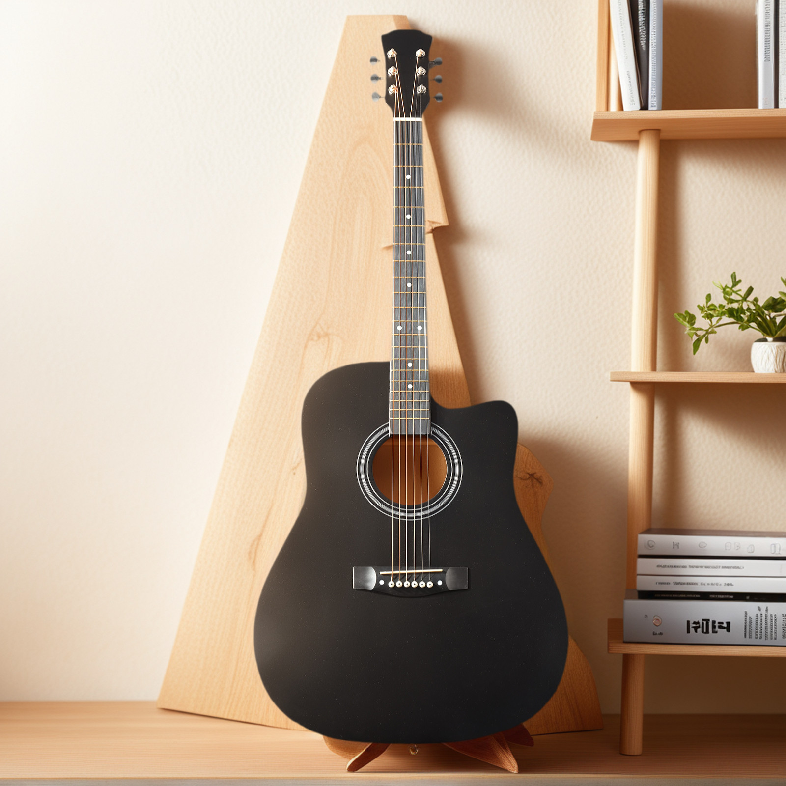 41″ Black Barrel-shaped Cutaway Acoustic Folk Guitar 6 Strings w/Bag Strap Tuner