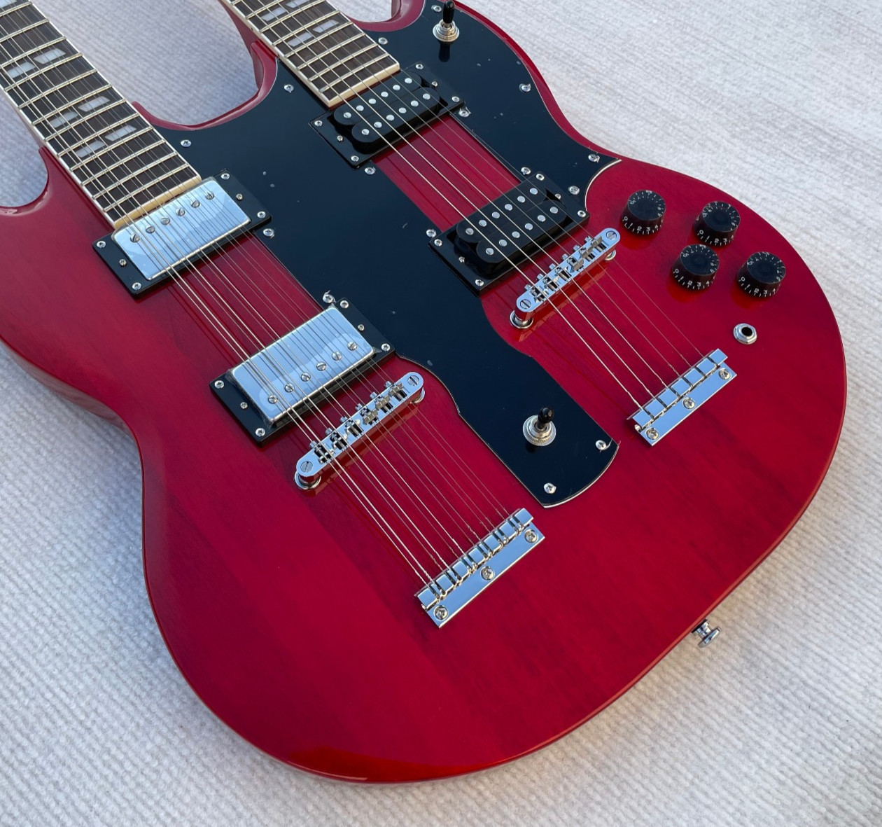 Double Neck 6 + 12 String Electric Guitar Bone Nut Glossy Finished Solid Body