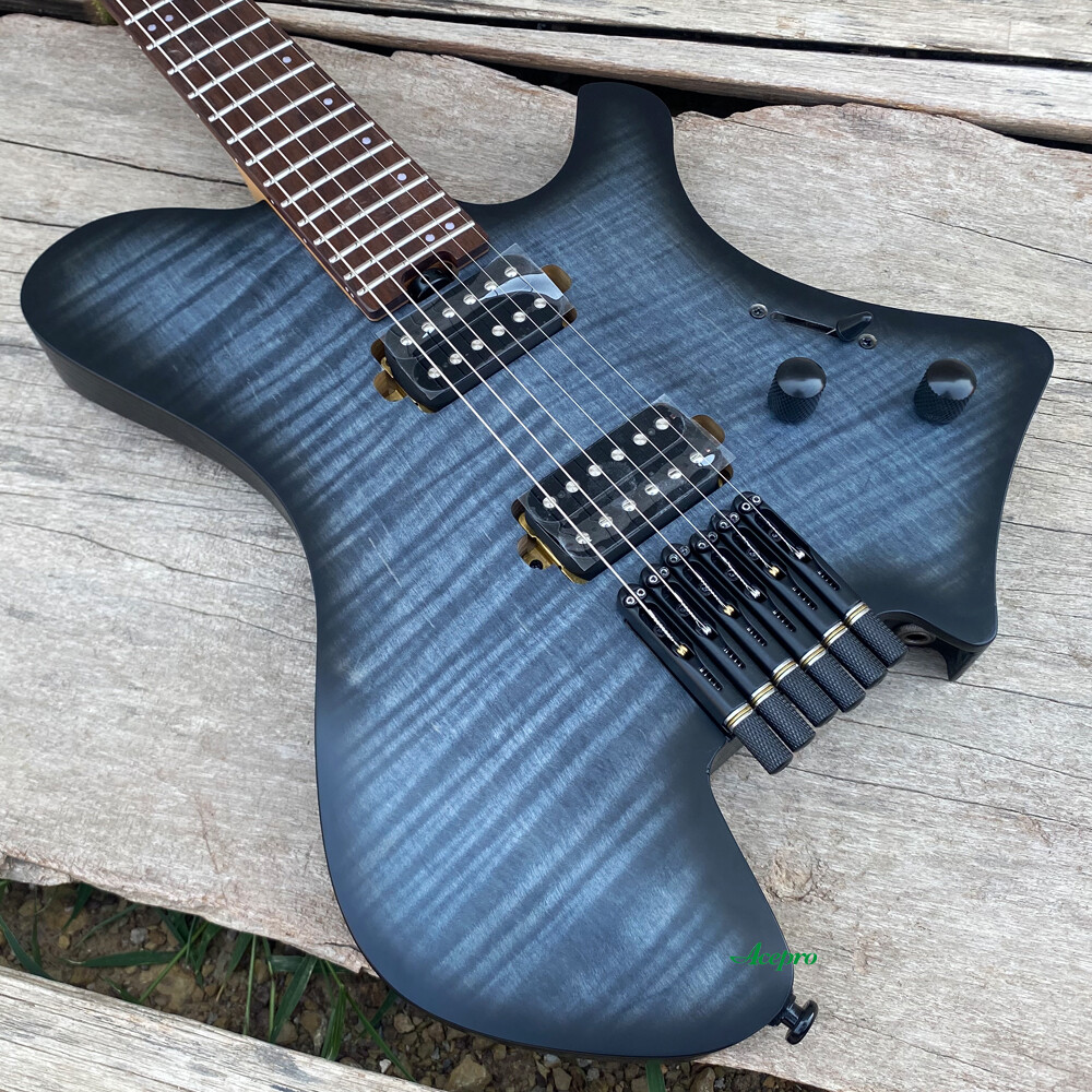 Acepro Upgraded Pro Headless Electric Guitar Black Burst Flame Maple Ash Body