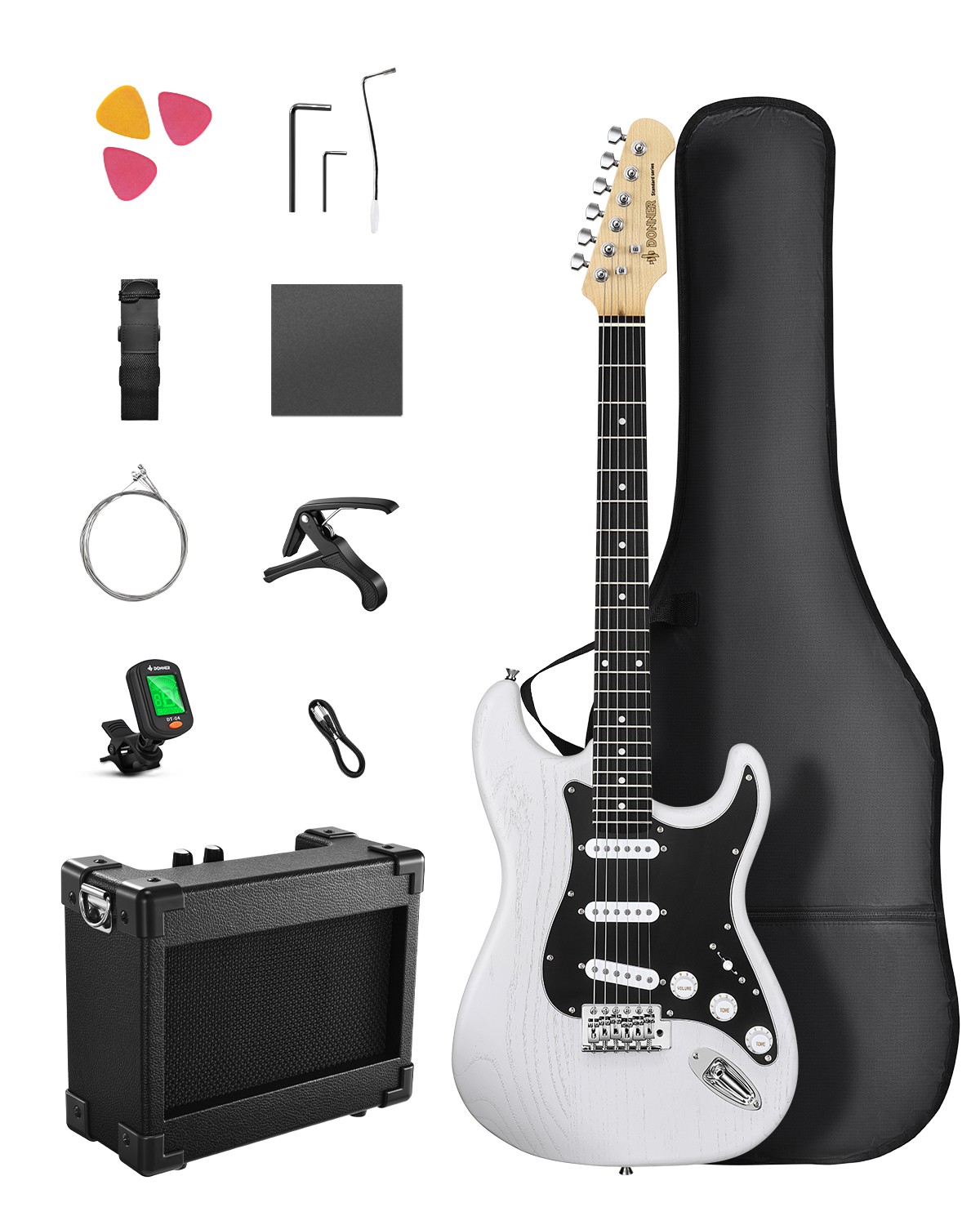 🎸 Donner DST-80 Electric Guitar Beginner Bundle Kit Wood Grain Design | White