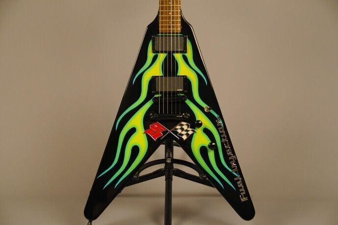 Metallic Hot sale Rod Flying V Green Flames Electric Guitar Star Inlay Custom