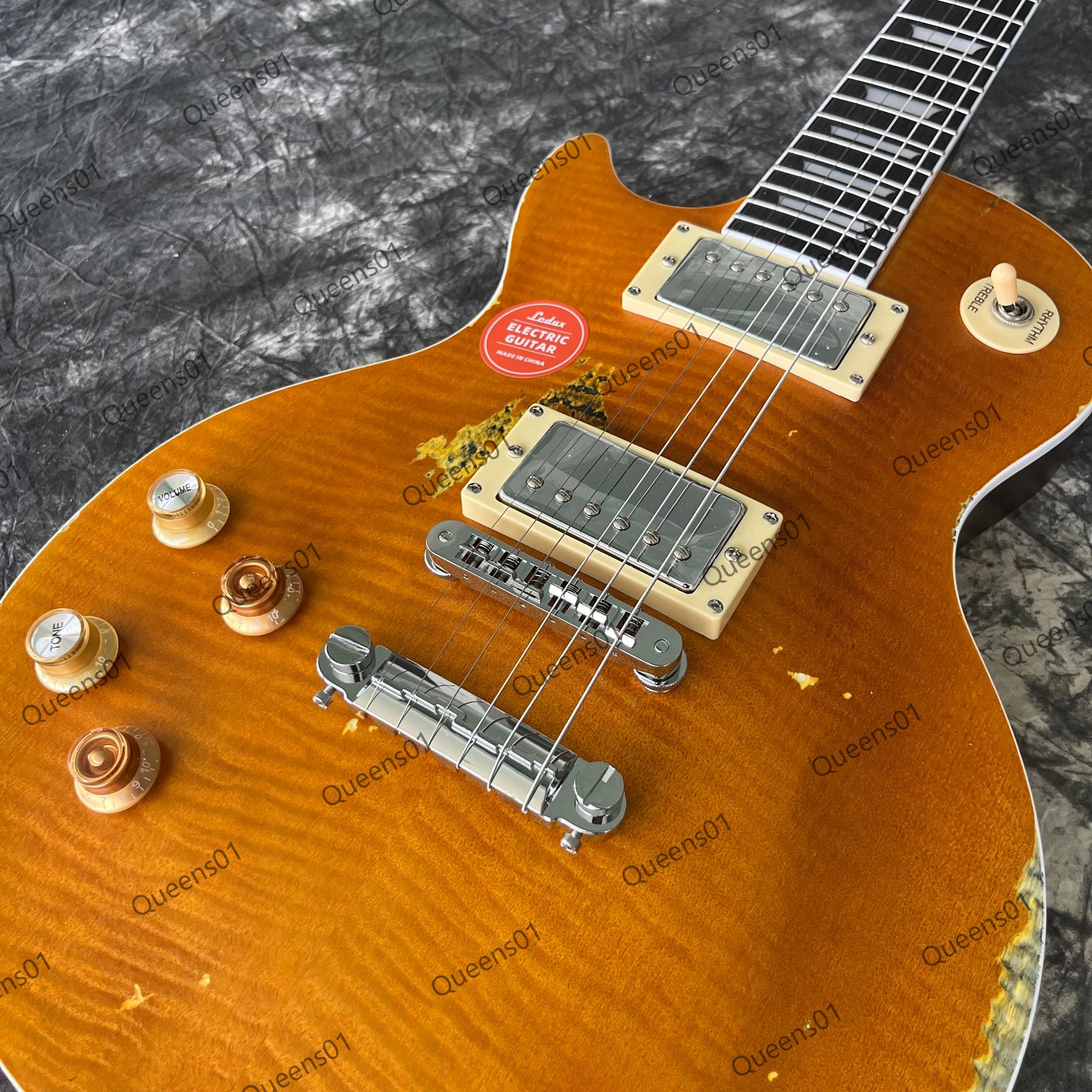 Aged Electric Guitar Flame Maple Top Veneer C Shaped Neck Chrome Parts Yellow