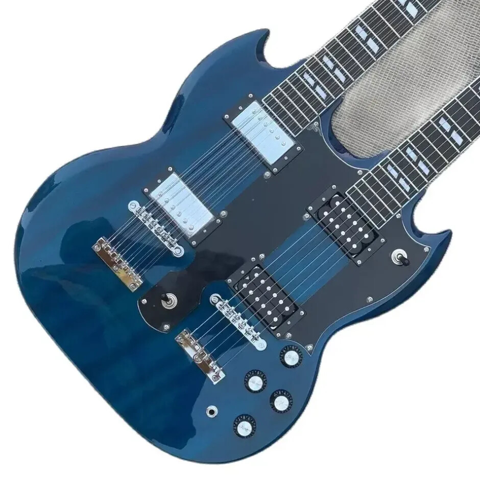 Blue 12 & 6 Strings Slash Double Neck Electric Guitar Split Parallelogram Inlay
