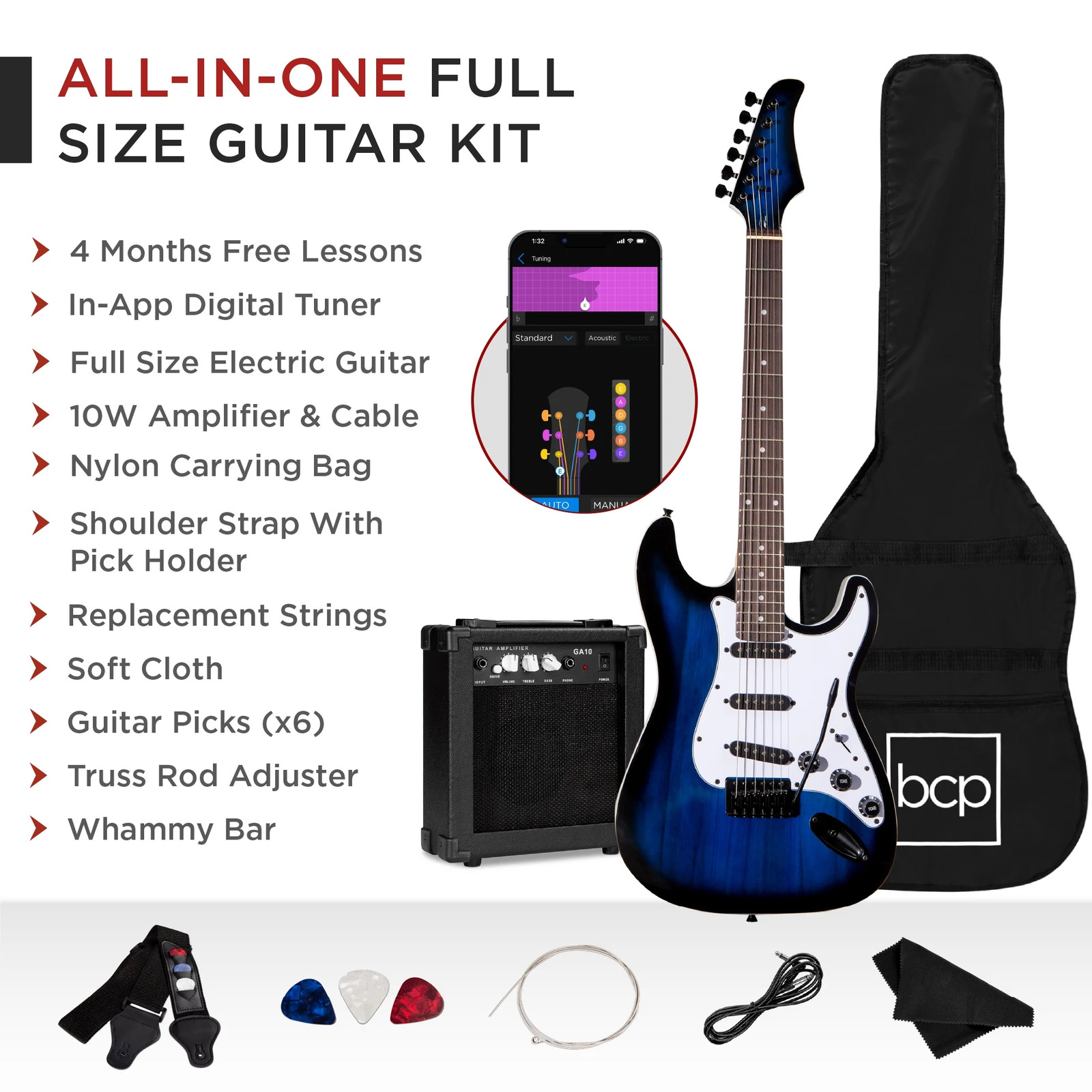 39In Full Size Beginner Electric Guitar Kit with Case, Strap, Amp, Whammy Bar –
