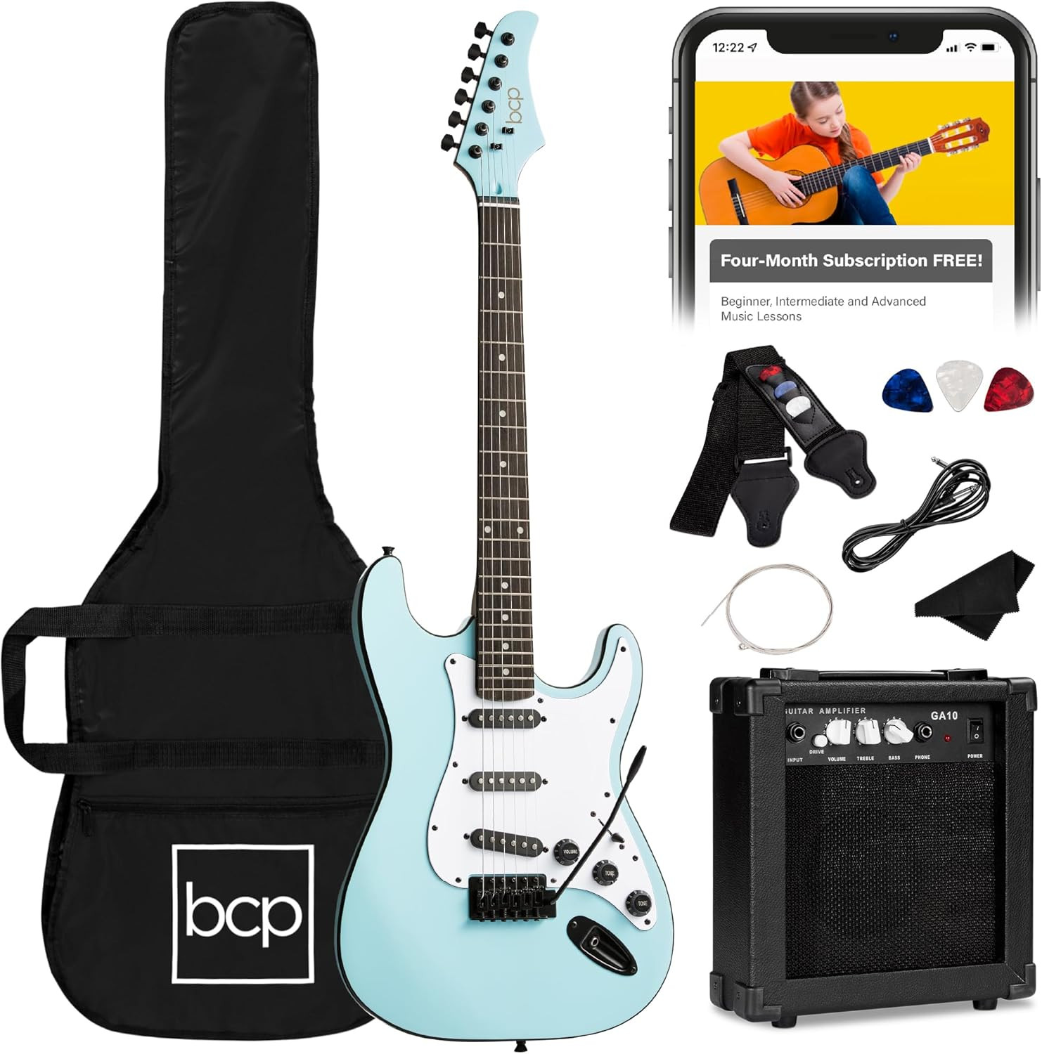 39In Full Size Beginner Electric Guitar Starter Kit W/Case, Strap, 11W Amp, Stri