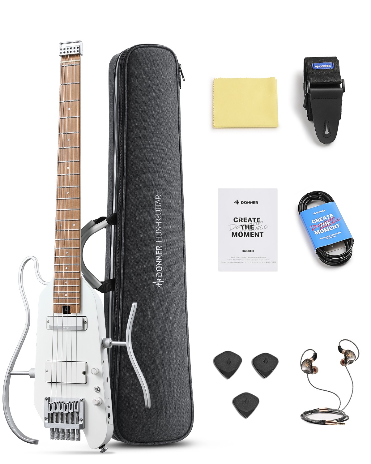 Donner HUSH X PRO Headless Electric Guitar Smart Travel Guitar | Metallic White