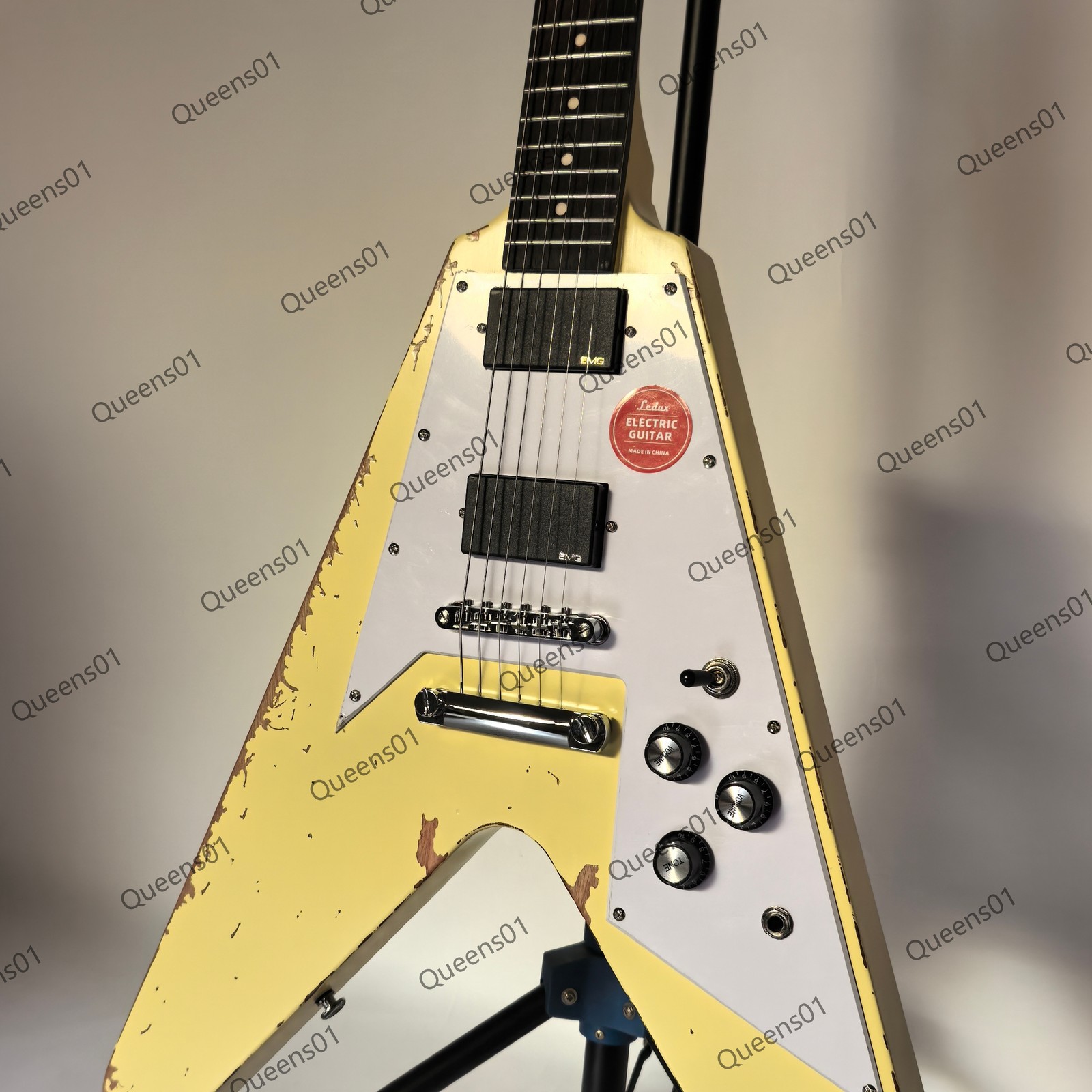 Aged V Shaped Electric Guitar Stainless Steel Rounded Frets Solid Cream US Ship
