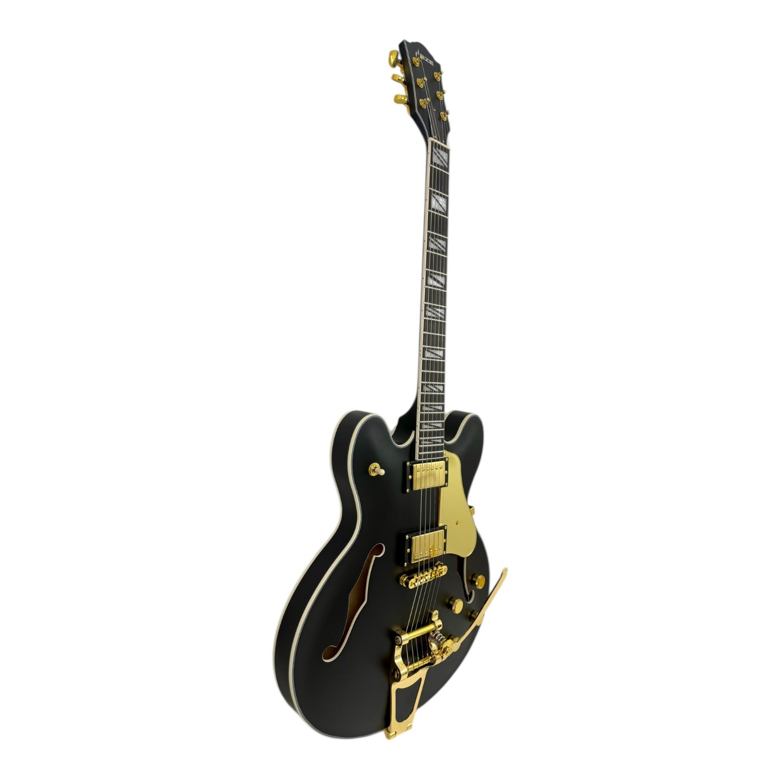 Haze SEG1975BK Nightshade Semi-Hollow Electric Guitar Black Gold w/ Vibrato Bar
