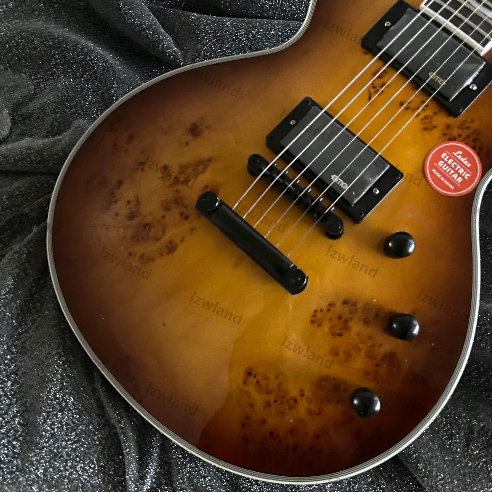 Solid Electric Guitar Active Pickups Burl Top Sunburst Finish Black HW Cutaway
