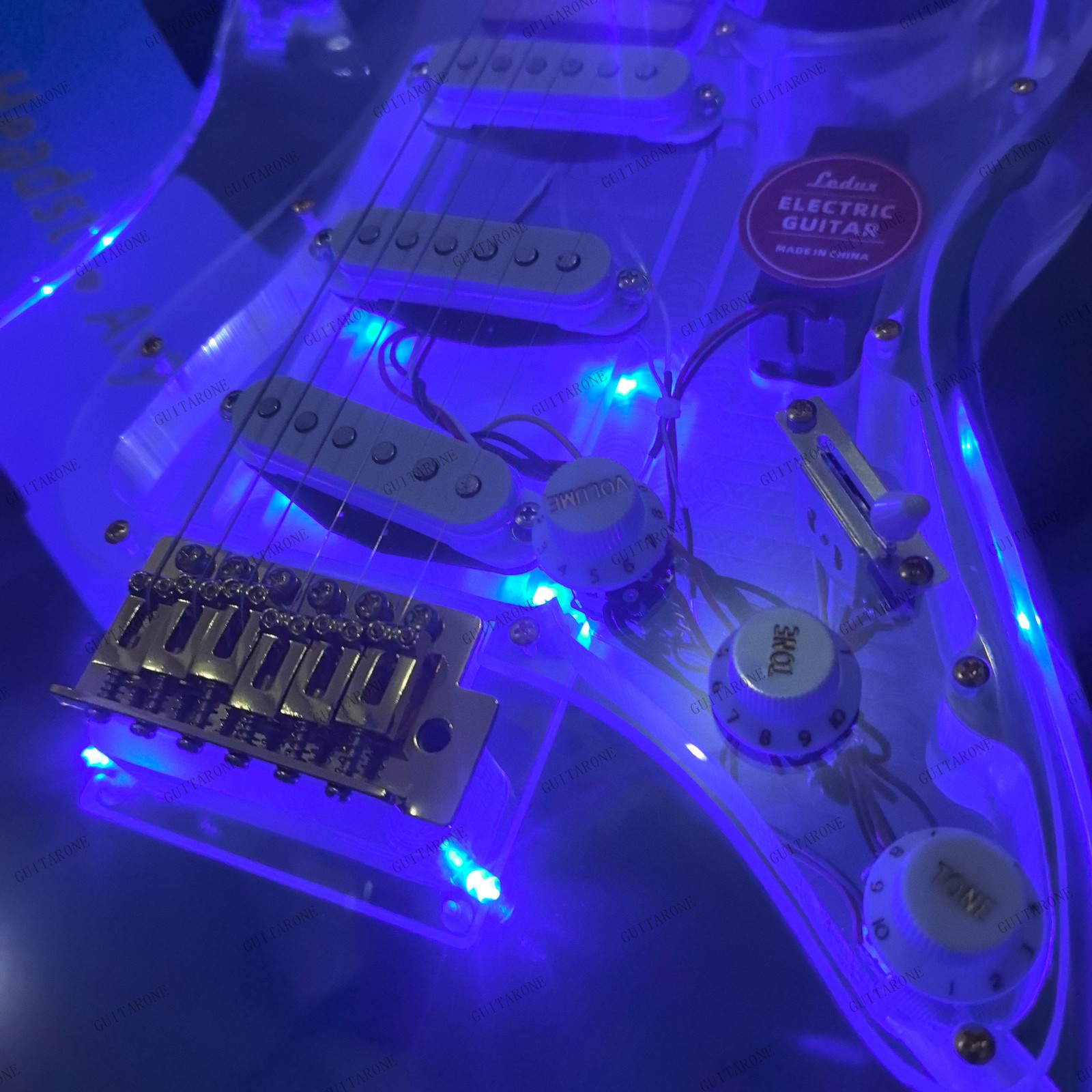 Acrylic Electric Guitar Solid Body Blue LED Light SSS Pickups Gold Hardware
