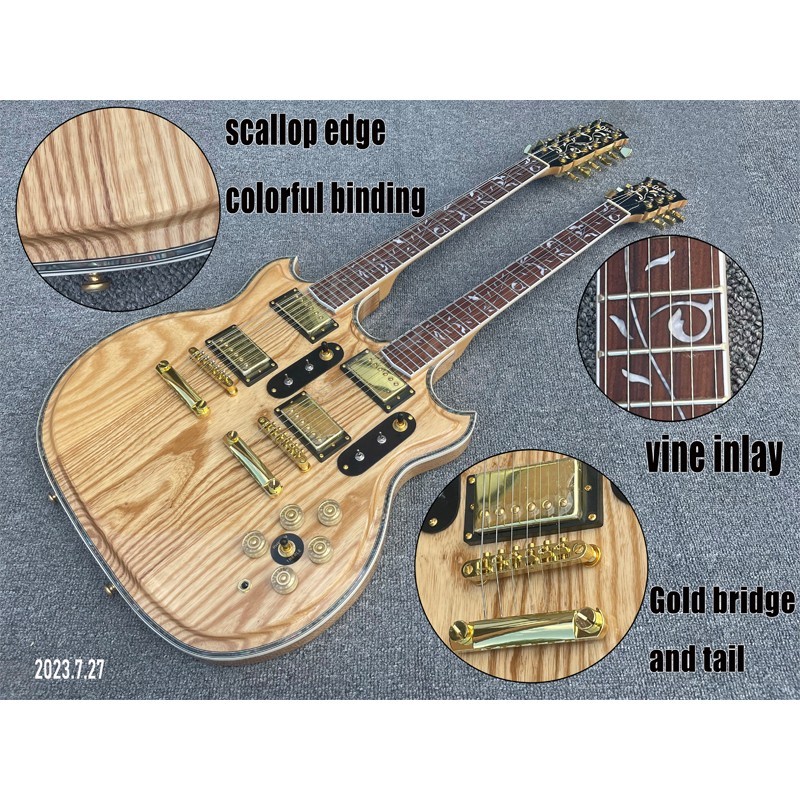 Eelectric Guitar Double Necks Natural Color Finished Ash Wood Body Maple Neck