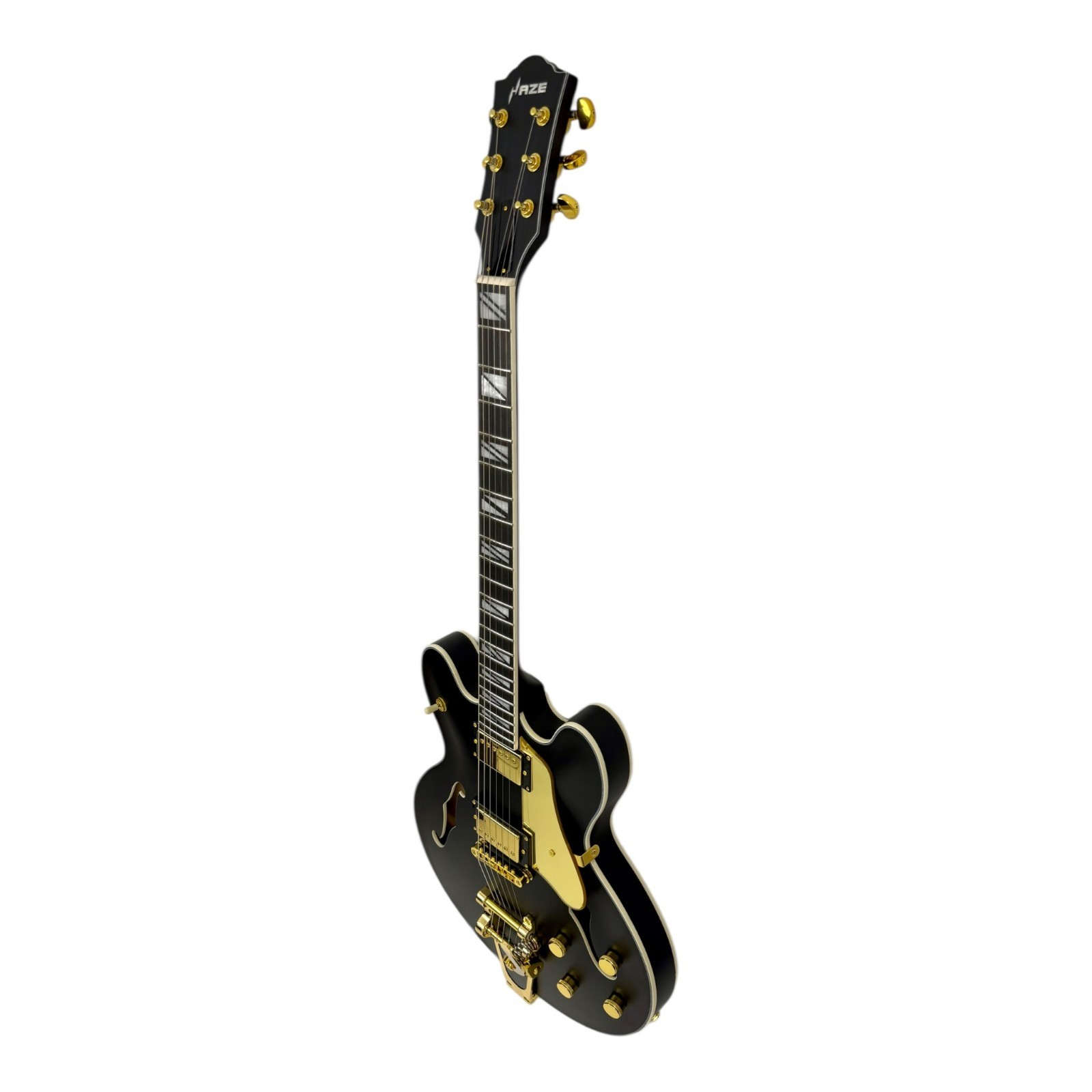 Haze SEG1975BK Nightshade Semi-Hollow Electric Guitar Black Gold w/ Vibrato Bar