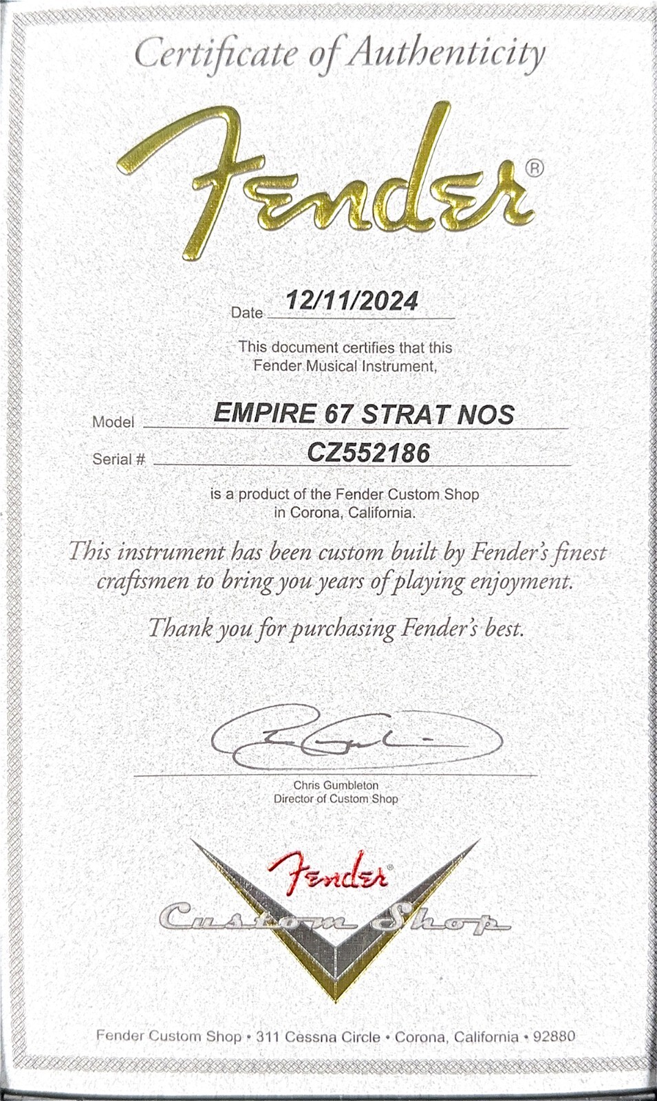 Fender Custom Shop Empire 67 Stratocaster NOS – Bright Amber Metallic #52186