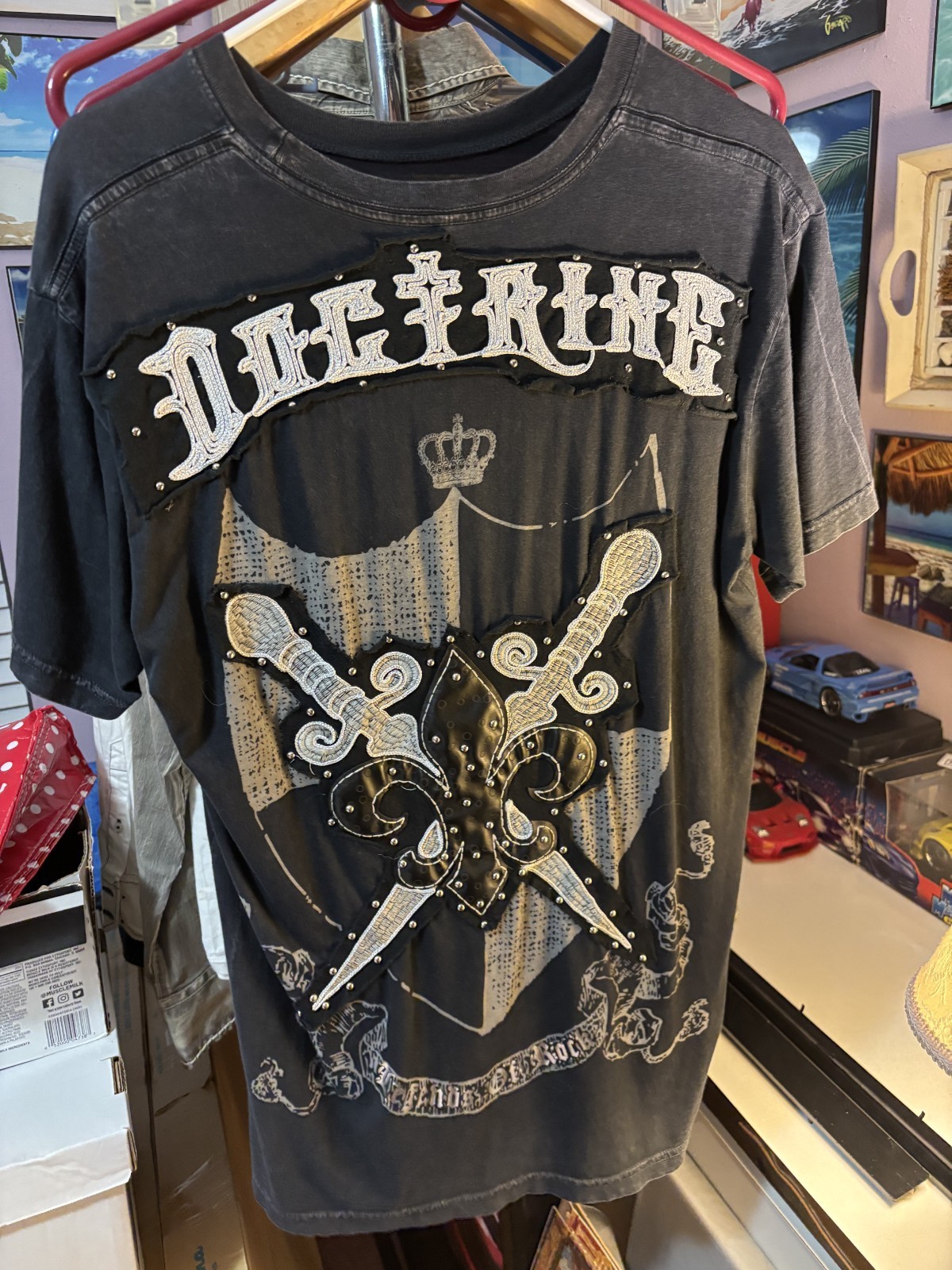 Very Rare Doctrine Shirt Bedazzled Rock and Roll Guitar Girl Large Black