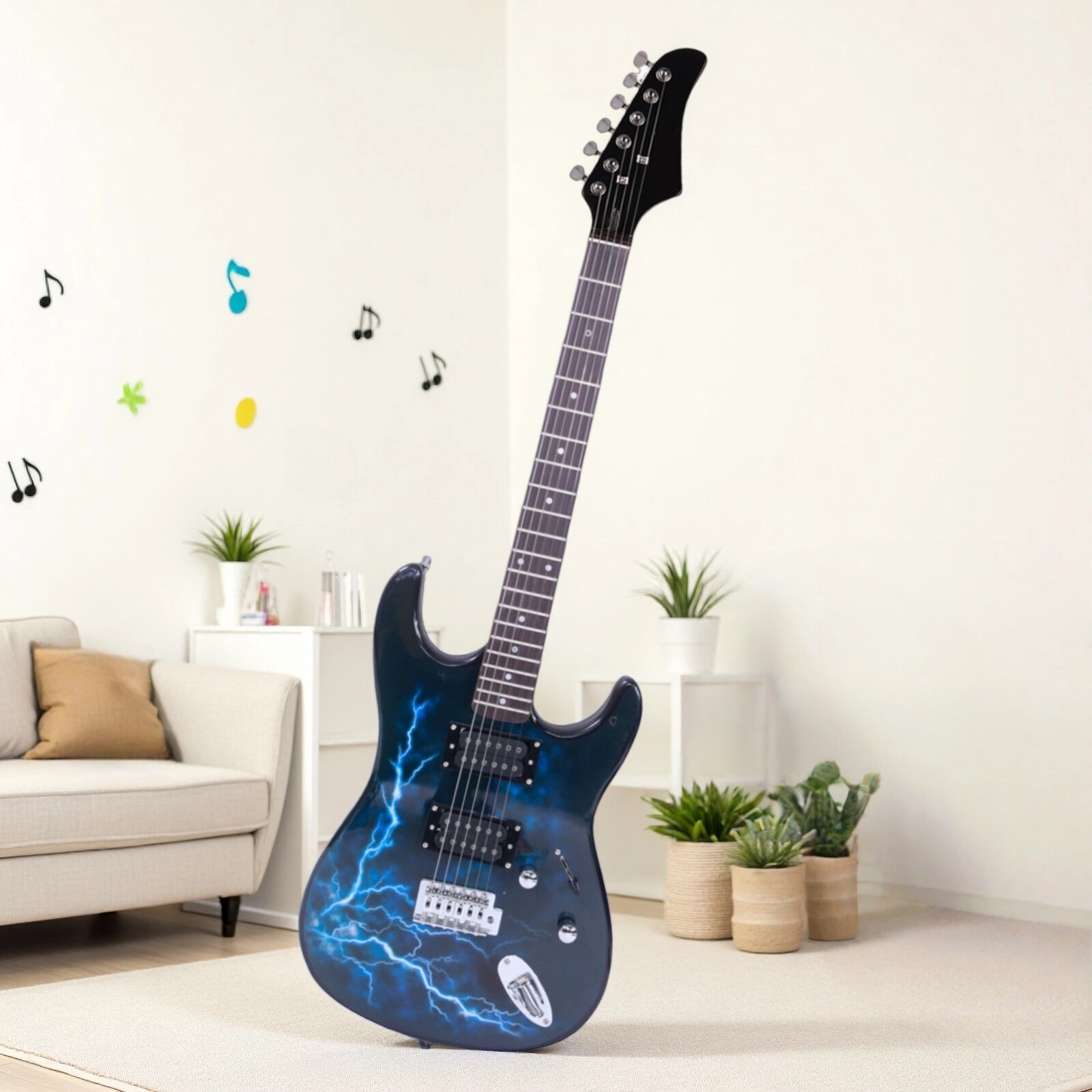 Stylish Black H-H Pickups ST-E Electric Guitar Set With Lightning Patterns