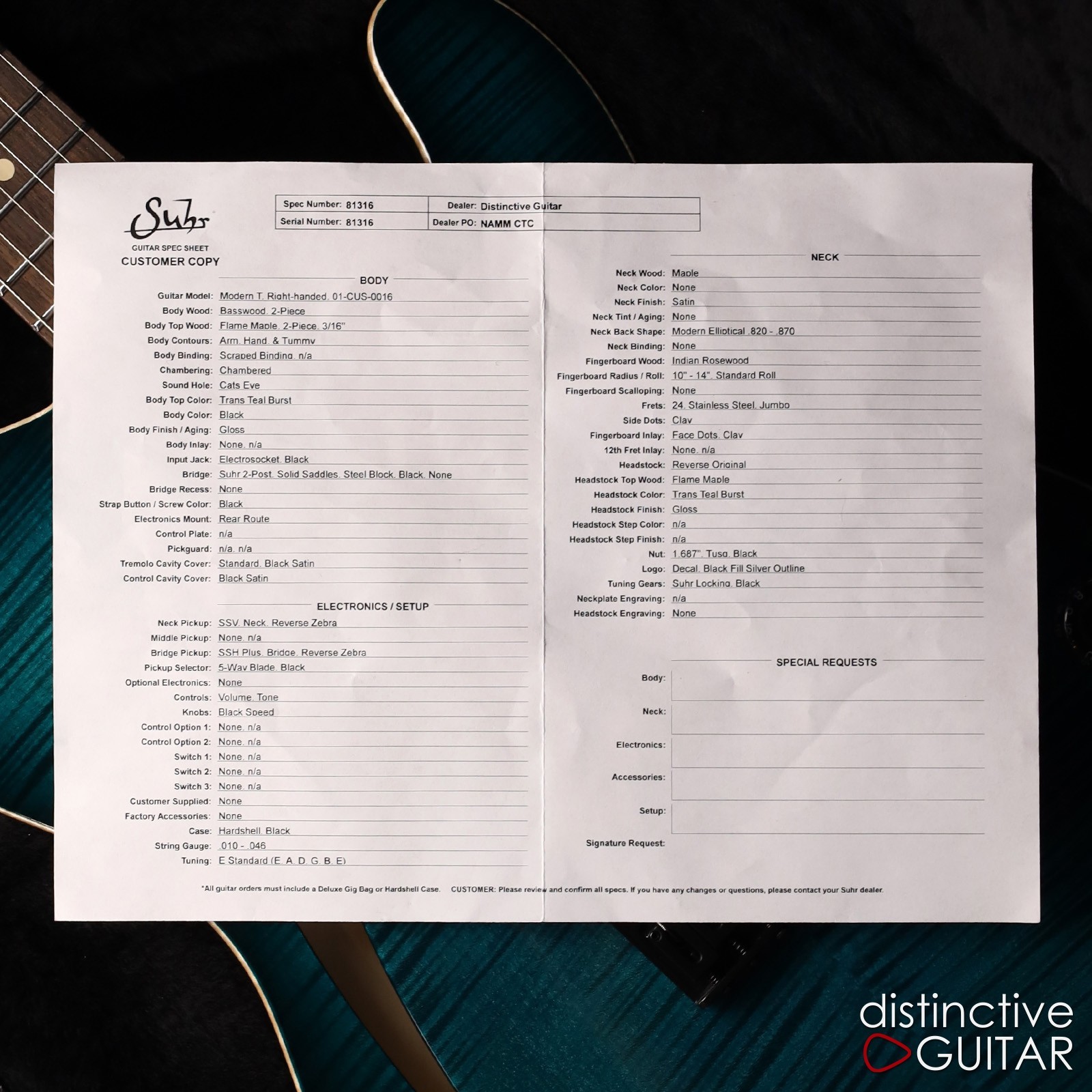 SUHR MODERN T CUSTOM T STYLE TRANS TEAL BURST 2 PICKUPS 5 WAY FLAME TOP