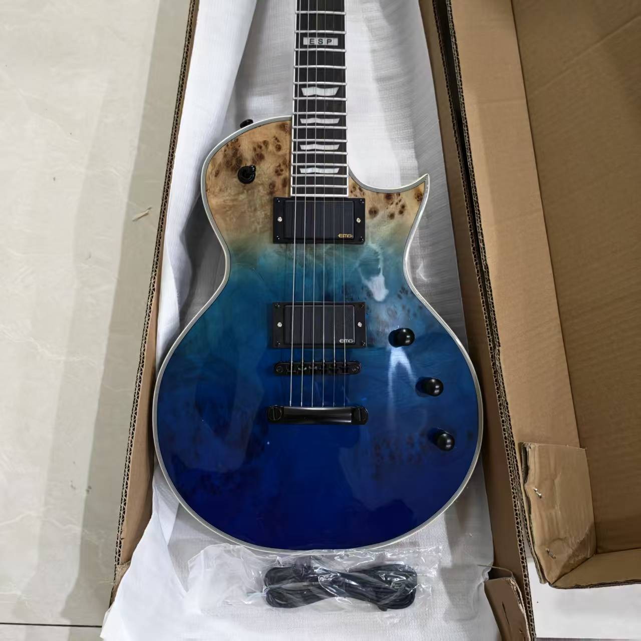 E-II Eclipse Burl Maple Blue Natural Fade Electric Guitar Active HH Pickups