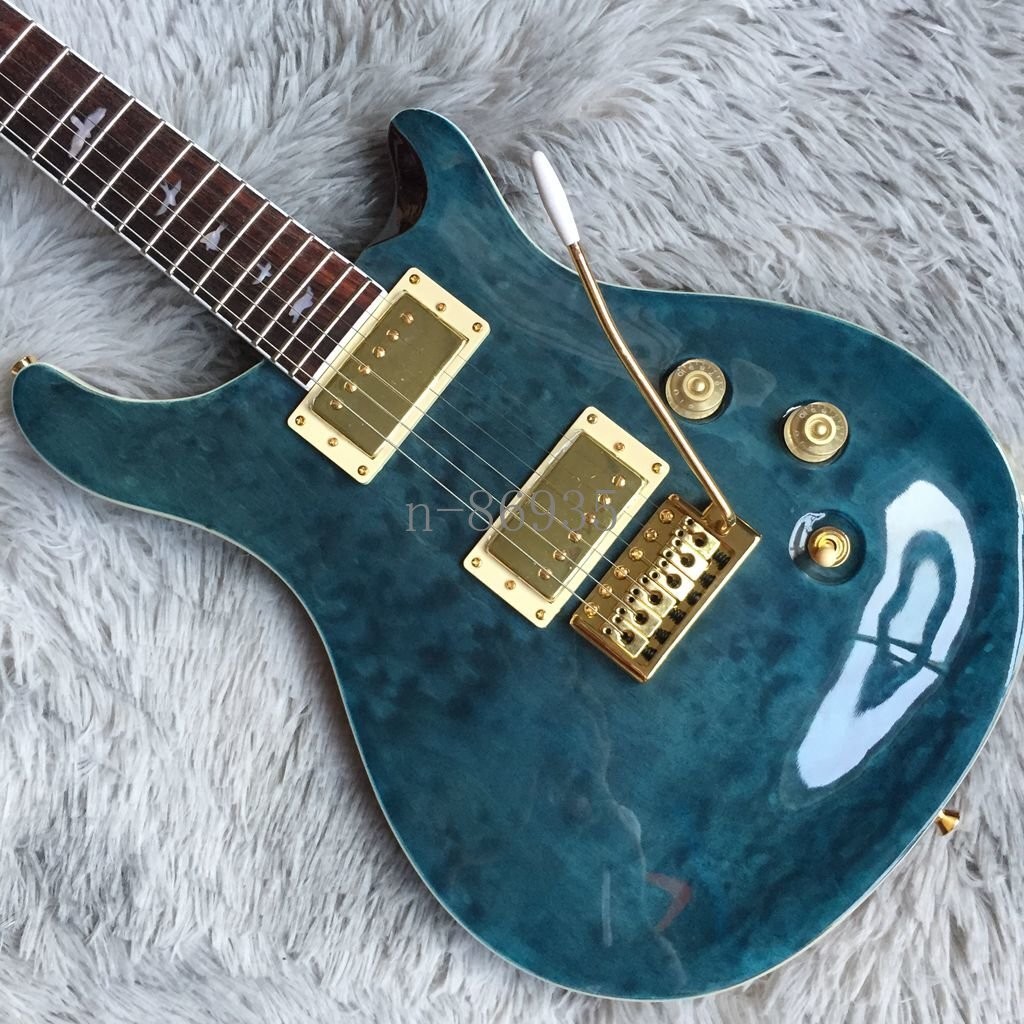 New Arrival Blue Quilted Maple Veneer Electric Guitar Gold Hardware HH Pickups