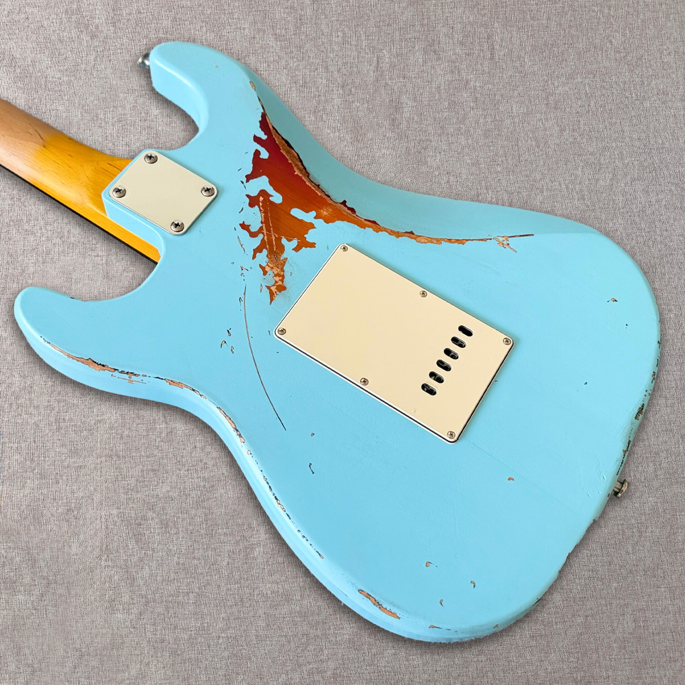 Relic ST Electric Guitar 3 Single Coil Pickups Daphne Blue Over Sunburst Vintage