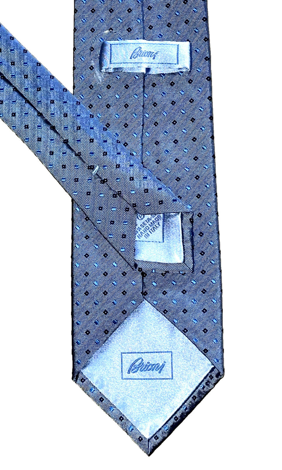 $295 NWOT BRIONI Slate blue geometrics heavy men 3.6″ herringbone silk neck tie