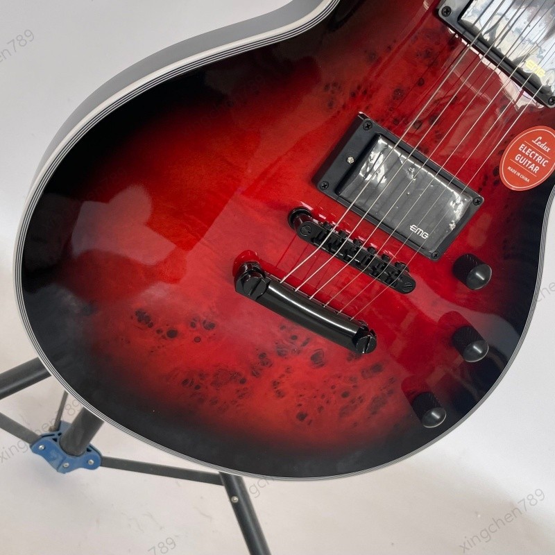 Solid Electric Guitar Red Burst Burl Top Stainless Fret Bone Nut Active pickups