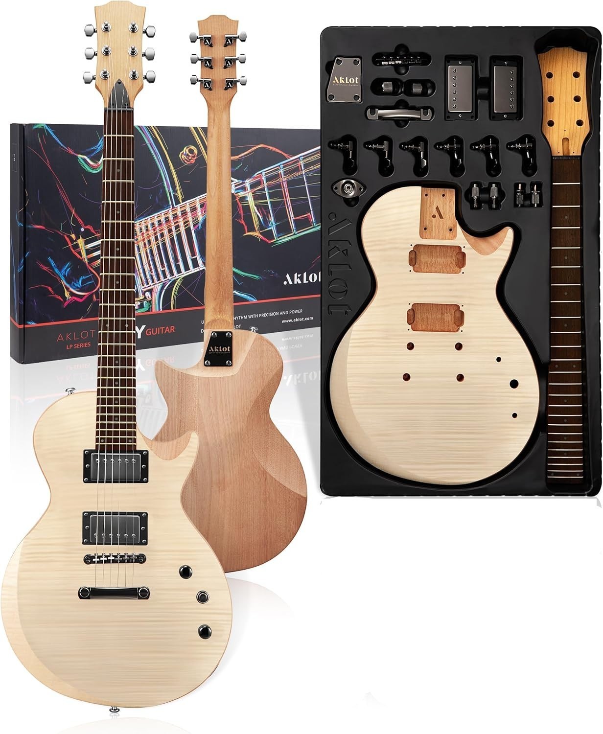 DIY Electric Guitar Kit: Flame Maple Top, Roasted Maple Neck Pre-Soldered Wiring