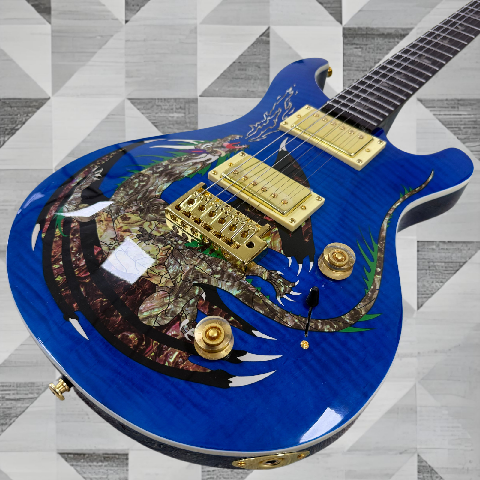 US Ship Metallic Blue Electric Guitar Abalone Dragon Inlay Graphic Gold Hardware