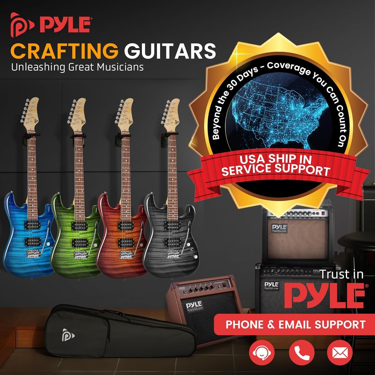 Pyle Electric Guitar Kit with Amp, Full Size, 39″ Black