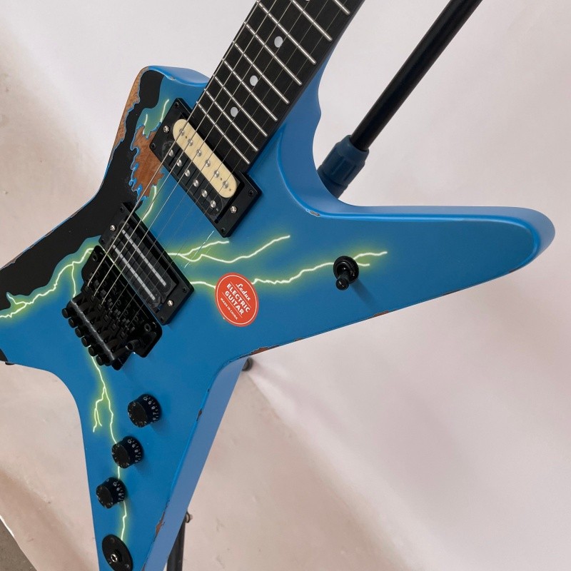 Vintage Aged Blue Lightning Solid Electric Guitar H-H Pickups Rounded fret Edge