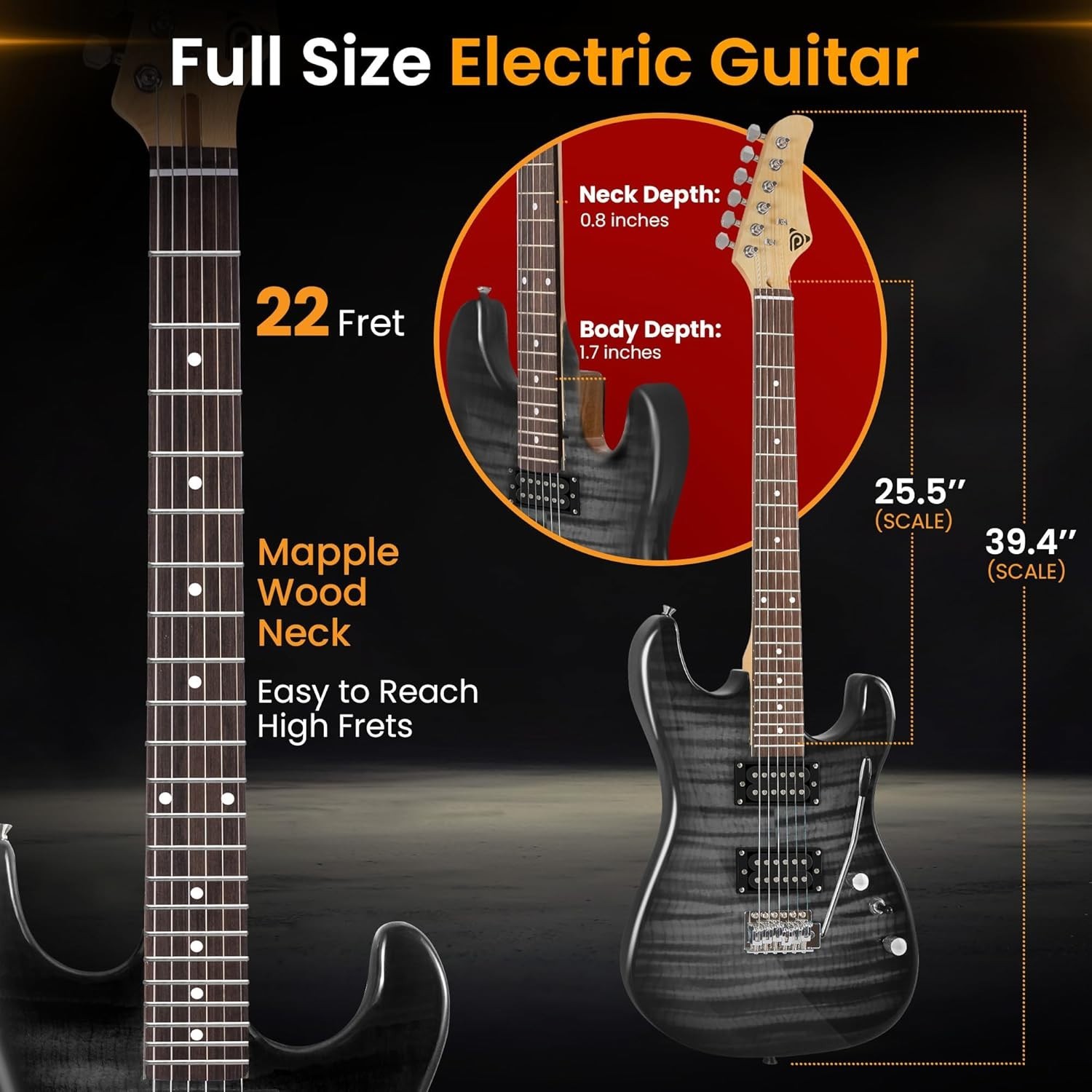 Pyle Electric Guitar Kit with Amp, Full Size, 39″ Black