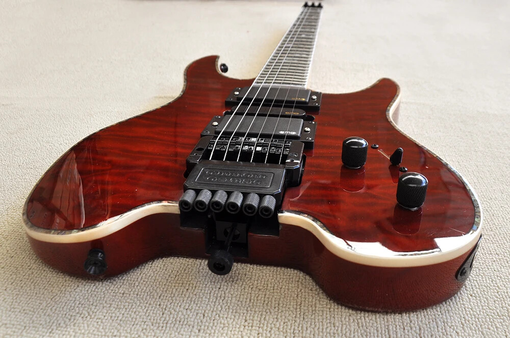 New Red Headless Electric Guitar with Abalone Inlay,Rosewood Fretboard 6 strings