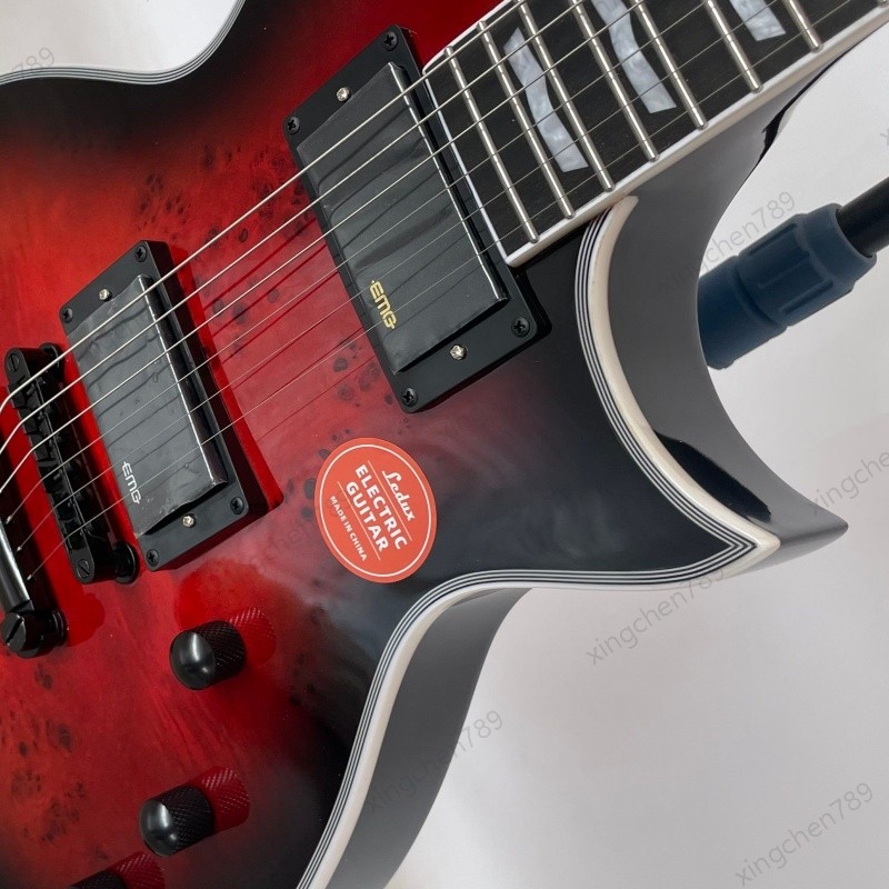 Solid Electric Guitar Red Burst Burl Top Stainless Fret Bone Nut Active pickups