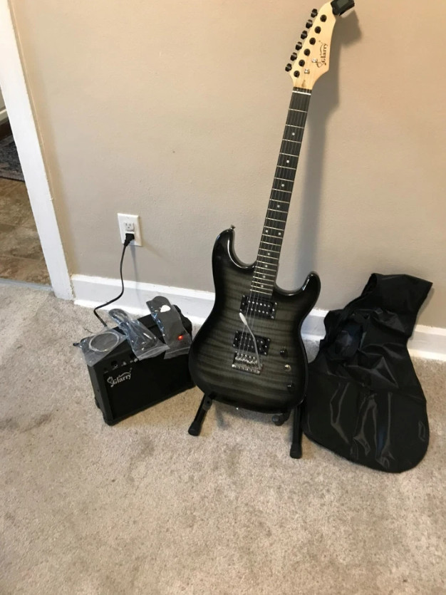 Black Electric Guitar Starter Package with Flamed Veneer Top 20-Watt Amp & More