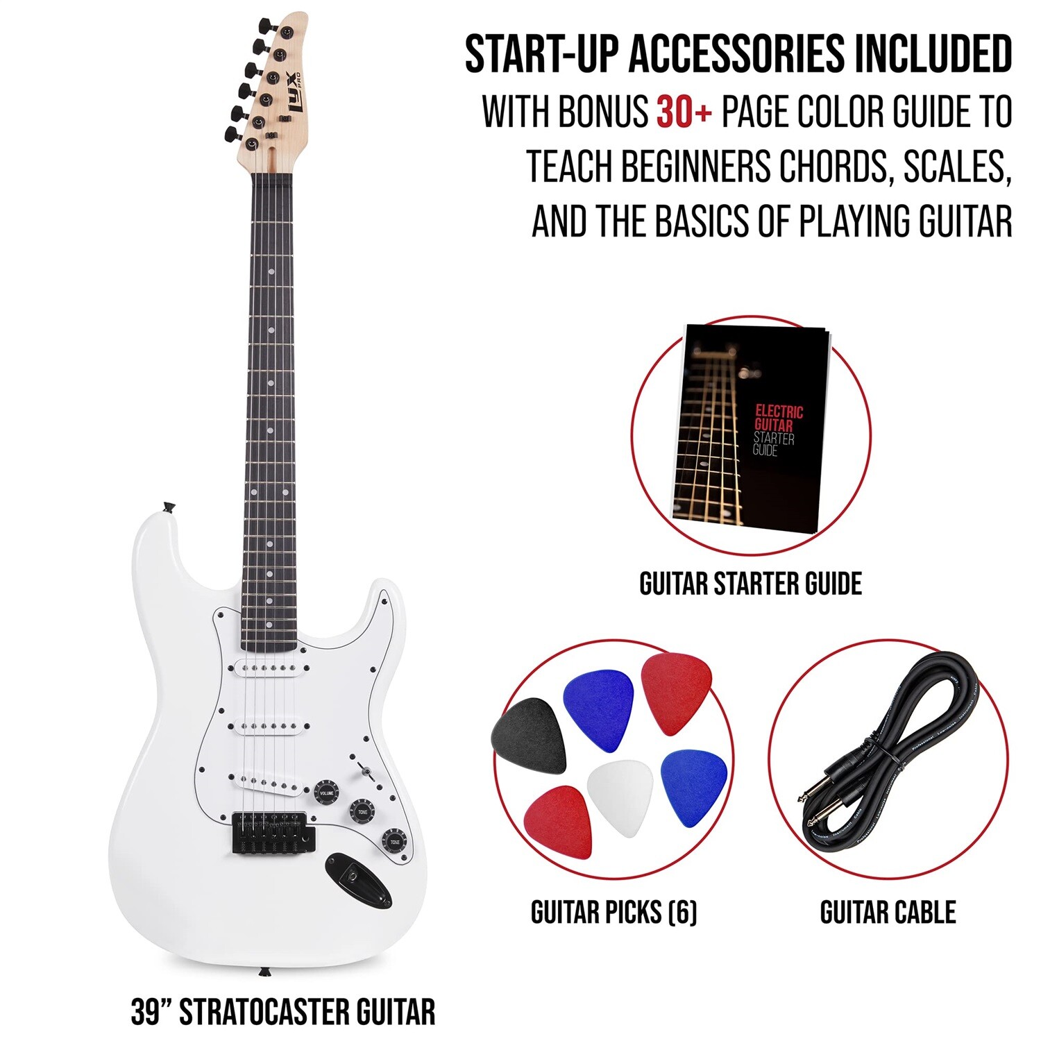 LyxPro CS Beginner 39” Electric Guitar & Electric Guitar Accessories, White